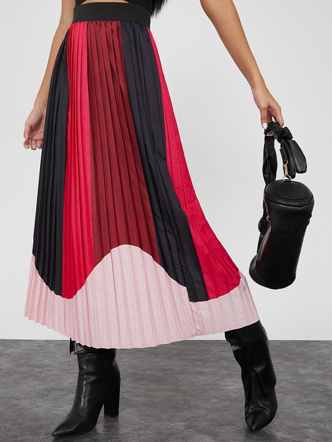 

Styli Colourblocked Accordion Pleated A-Line Midi Skirt, Pink