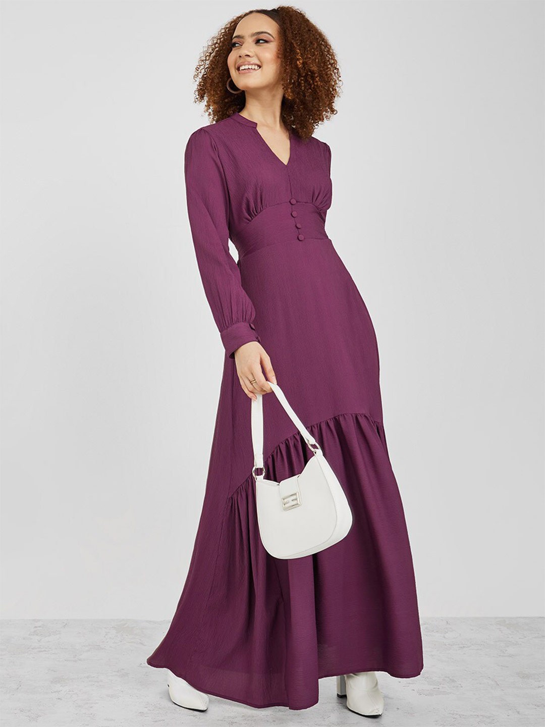 

Styli Mandarin Collar Cuffed Sleeves Flounce Maxi Dress, Purple