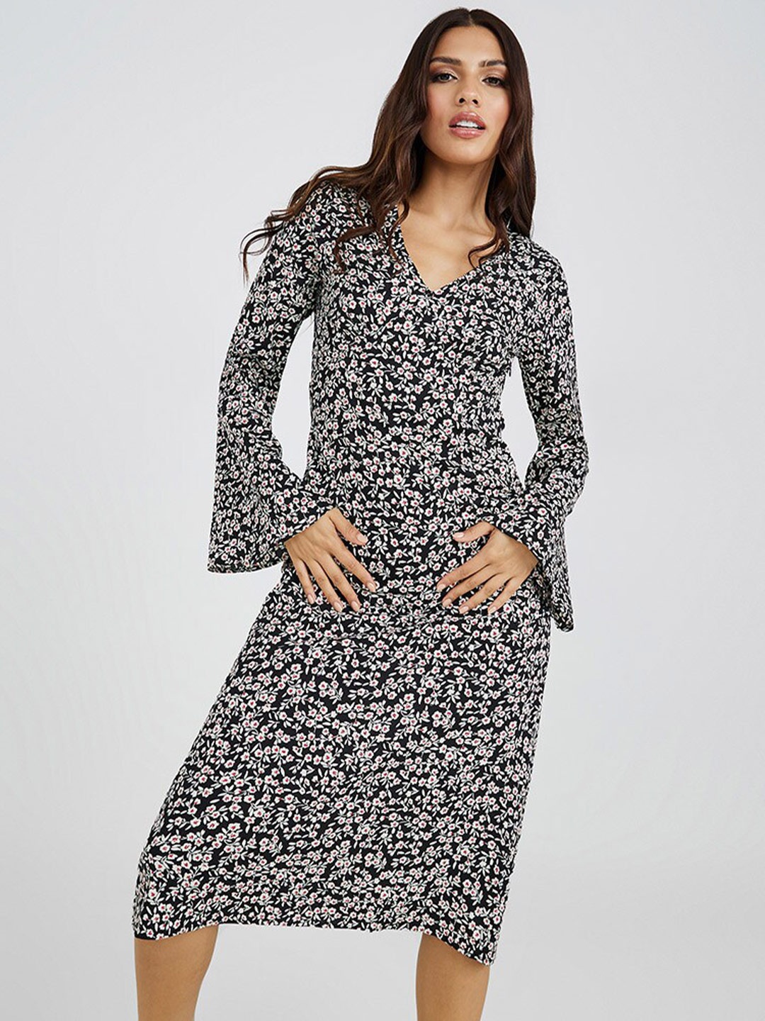 

Styli Floral Printed Bell Sleeves A-Line Midi Dress, Black
