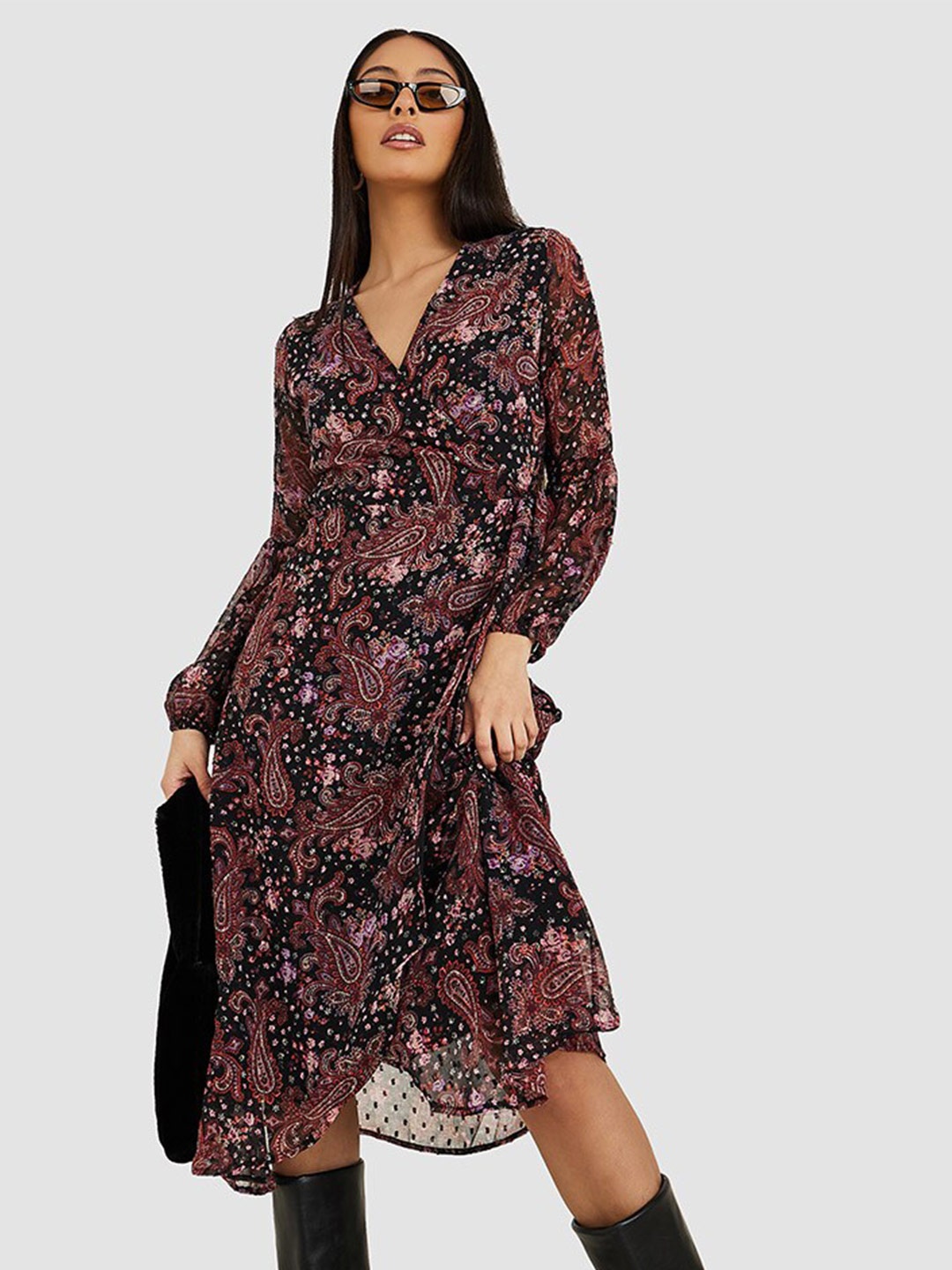 

Styli Bohemian V-Neck Wrap Dress, Black