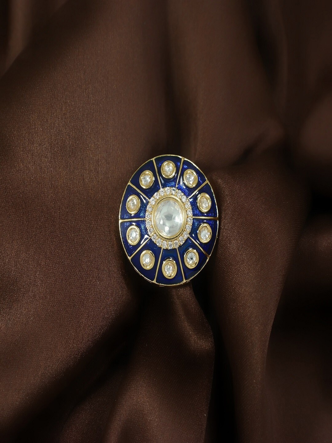 

I Jewels Women Gold-Plated AD Studded Meenakari Adjustable Finger Ring, Navy blue