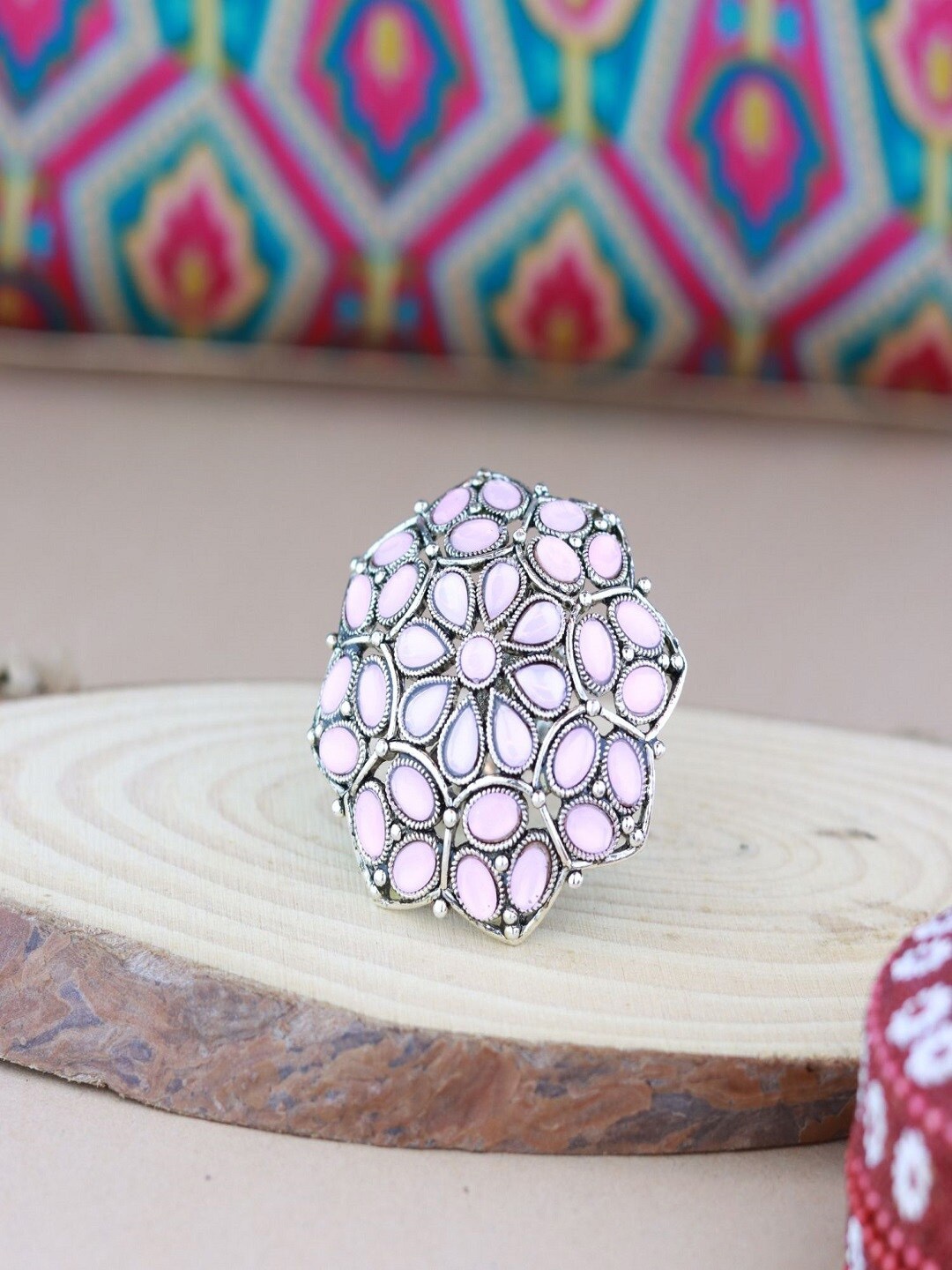 

I Jewels Oxidized Silver-Plated Kundan Adjustable Finger Ring, Pink