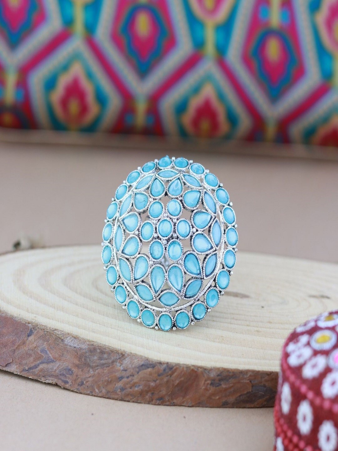 

I Jewels Silver-Plated Kundan-Studded Adjustable Finger Ring, Turquoise blue