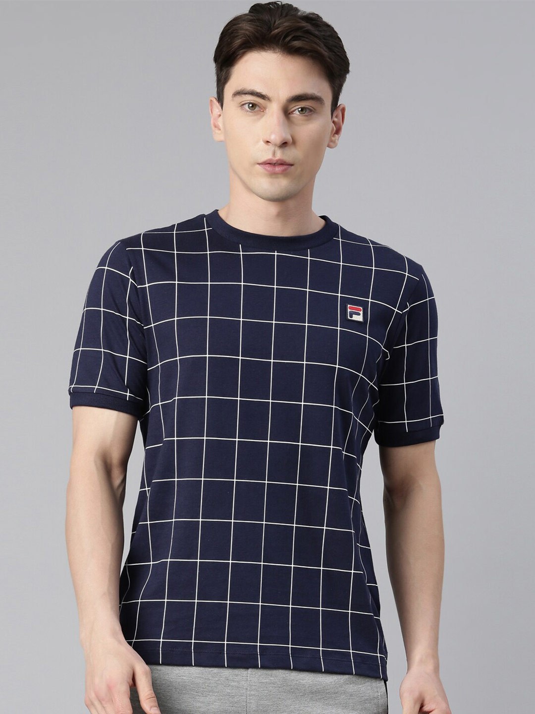 

FILA Men Checked Pure Cotton T-shirt, Navy blue