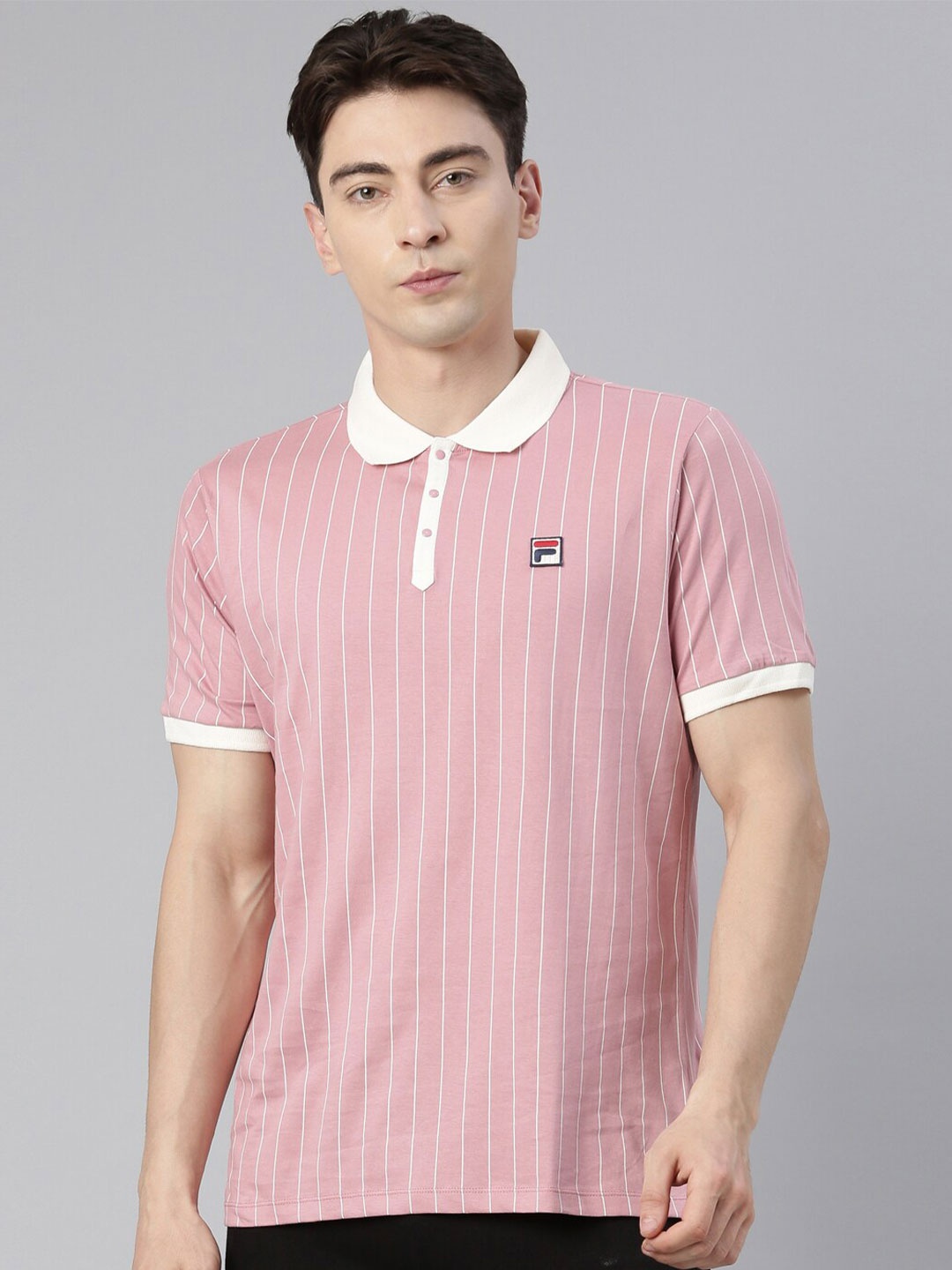 

FILA Men Striped Polo Collar Applique Cotton T-shirt, Pink