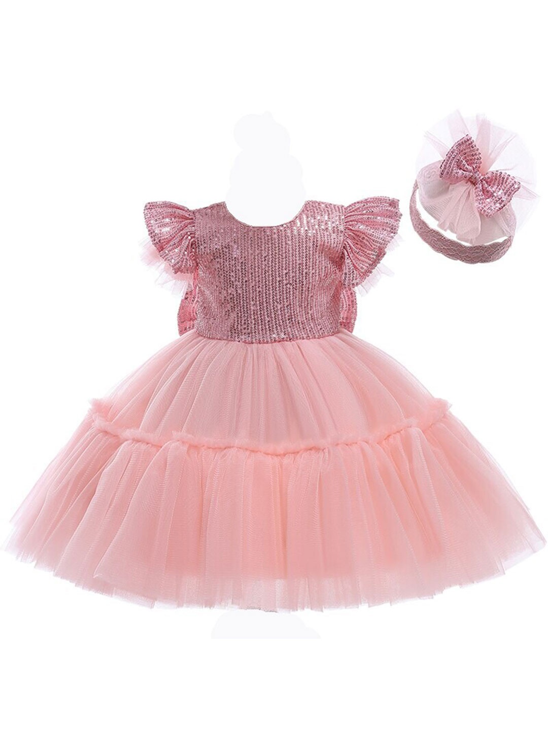 

R Cube Girls Flutter Sleeves Fit and Flare Dress, Peach