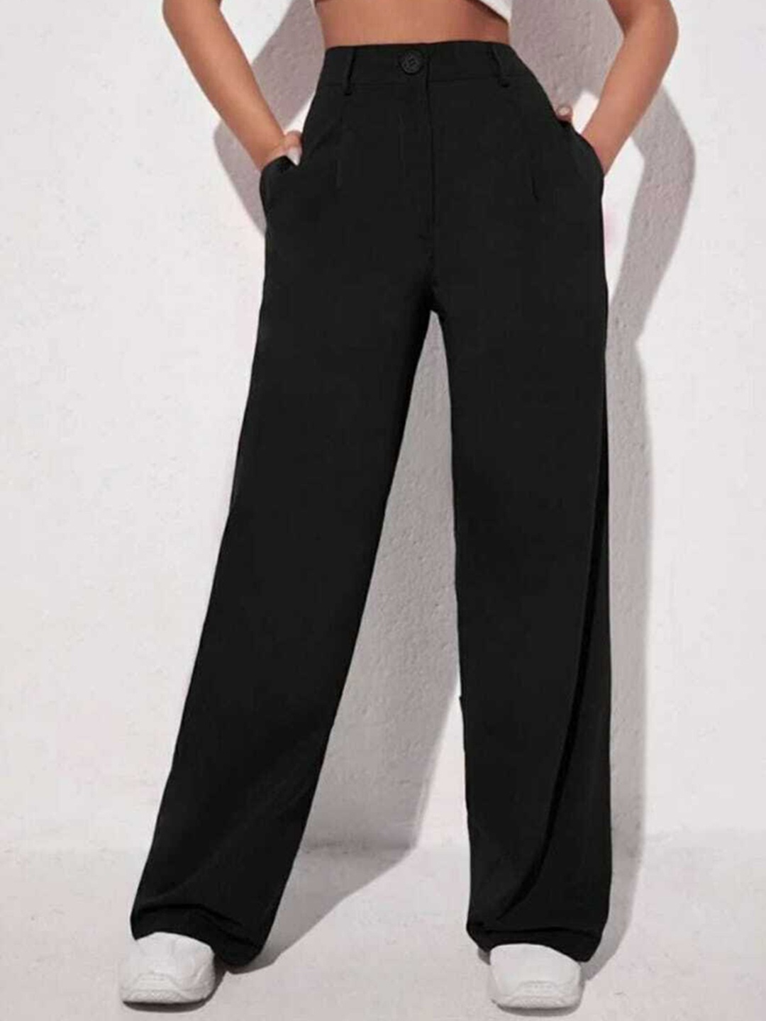 

BROADSTAR Women Relaxed Straight Leg Loose Fit High-Rise Easy Wash Pleated Trousers, Black