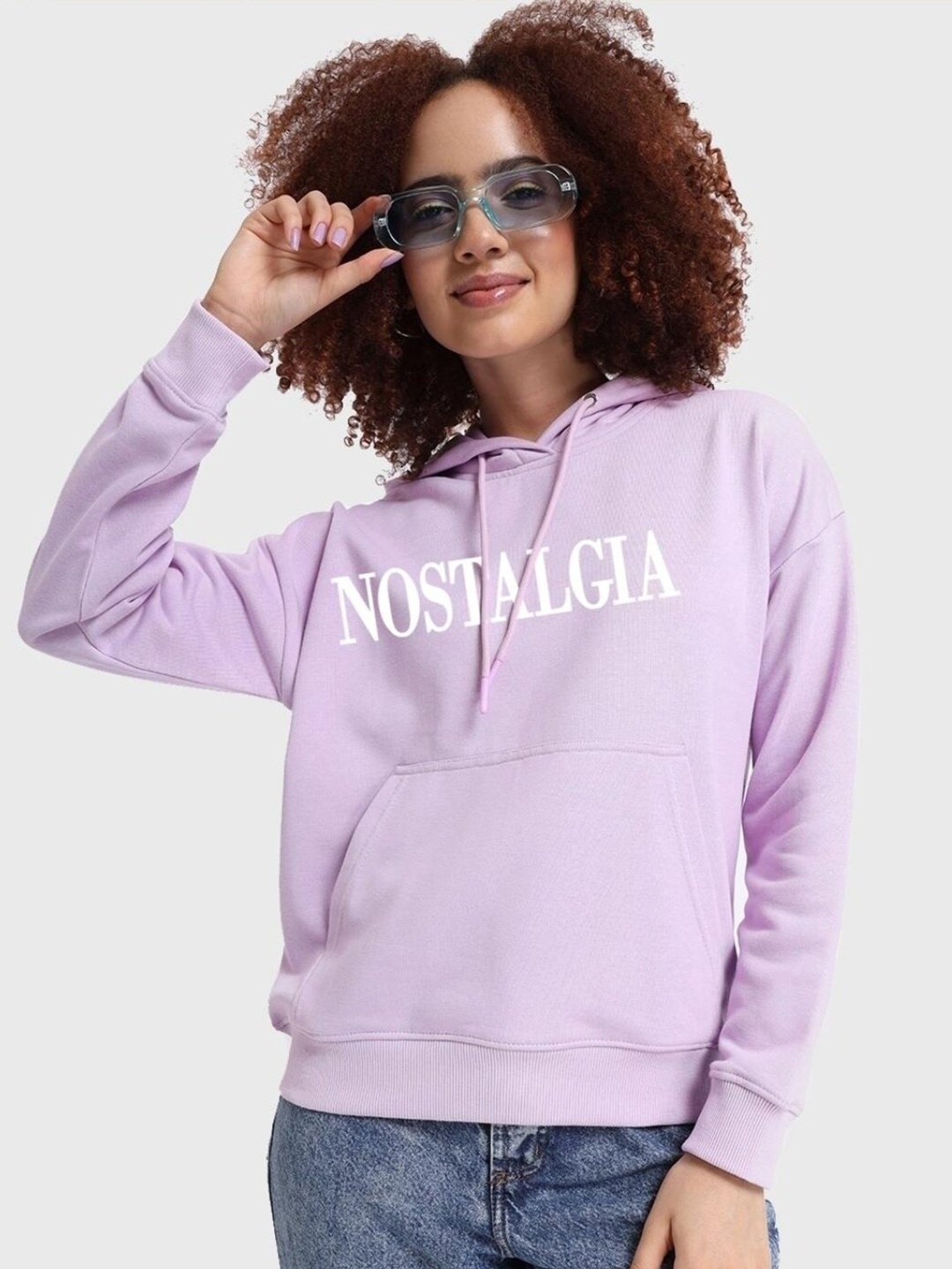 

Bewakoof Women Printed Hooded Fleece Oversized Sweatshirt, Lavender