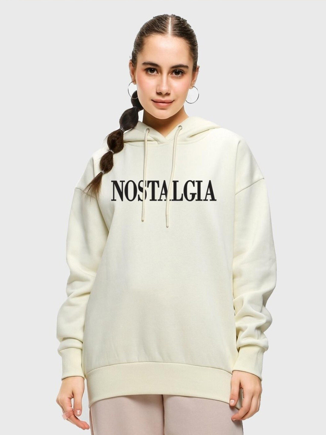 

Bewakoof Women Printed Hooded Fleece Oversized Sweatshirt, Beige