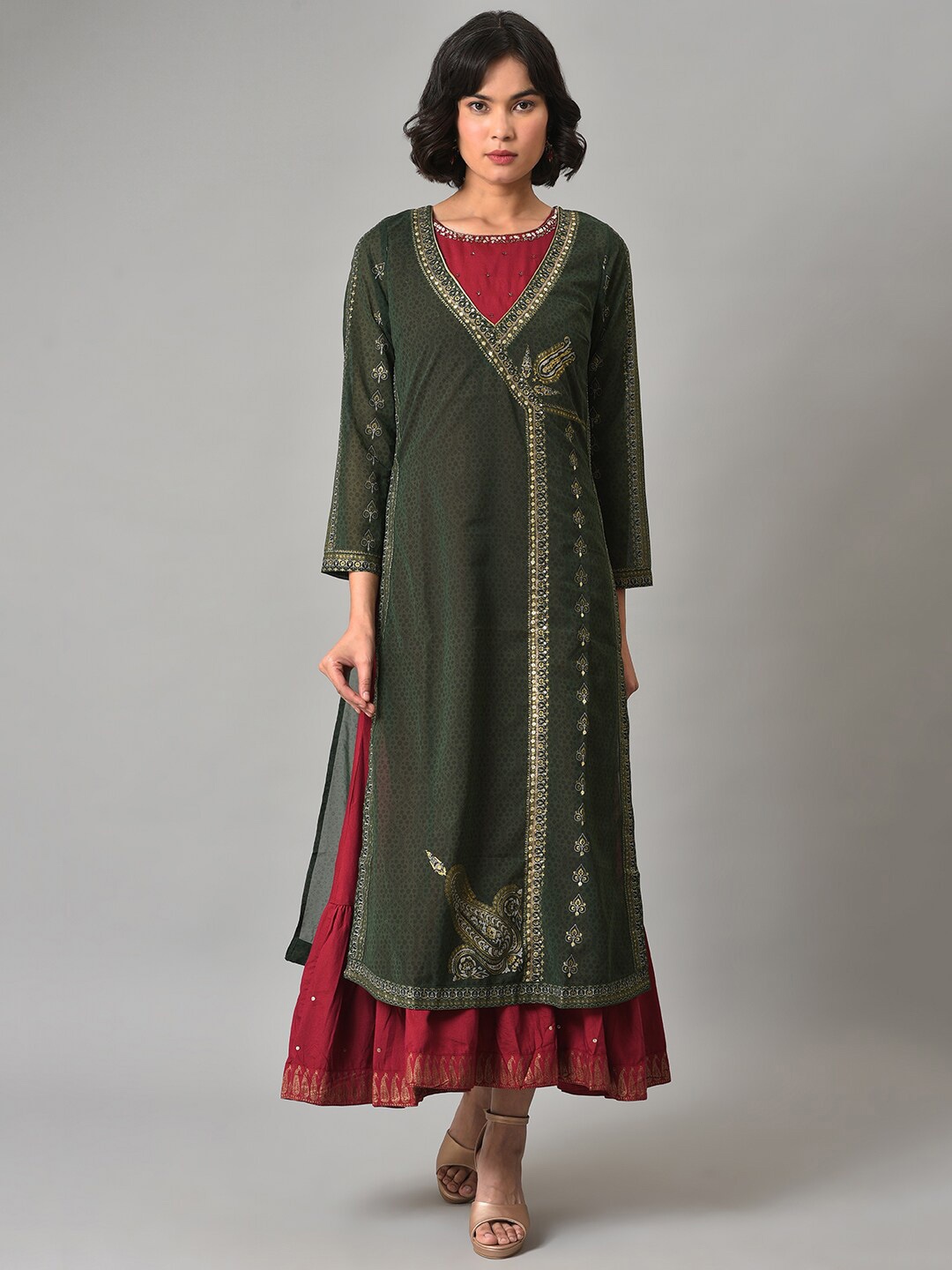 

WISHFUL Ethnic Motifs Embroidered Maxi Ethnic Dress, Green