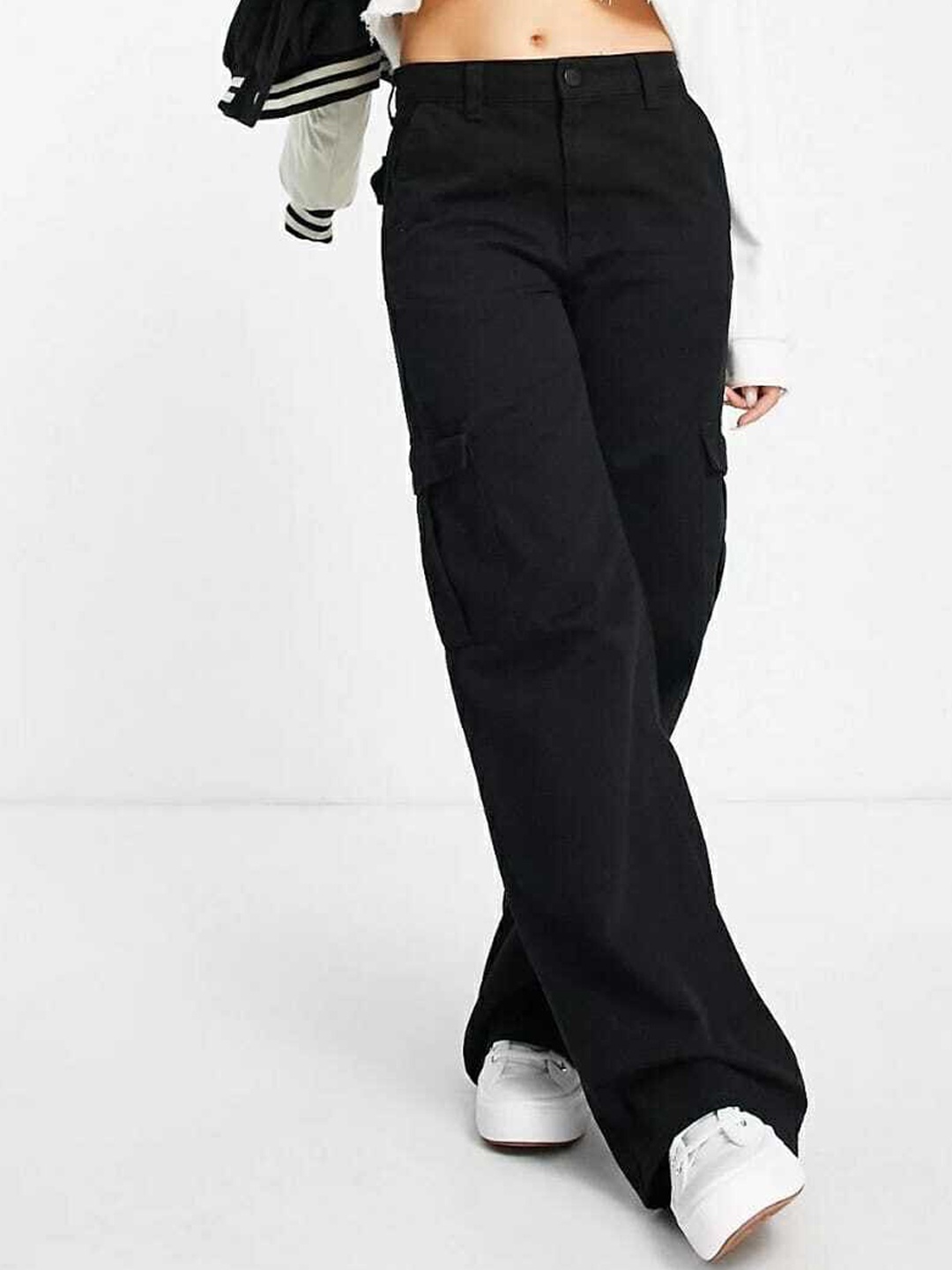 

Next One Women Relaxed Straight Leg Loose Fit High-Rise Easy Wash Cargos Trousers, Black