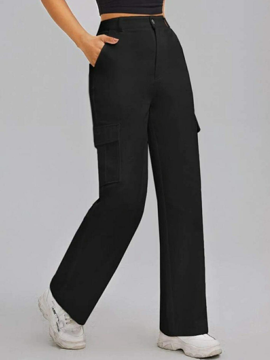 

Next One Women Relaxed Straight Leg Loose Fit High-Rise Easy Wash Regular Trousers, Black