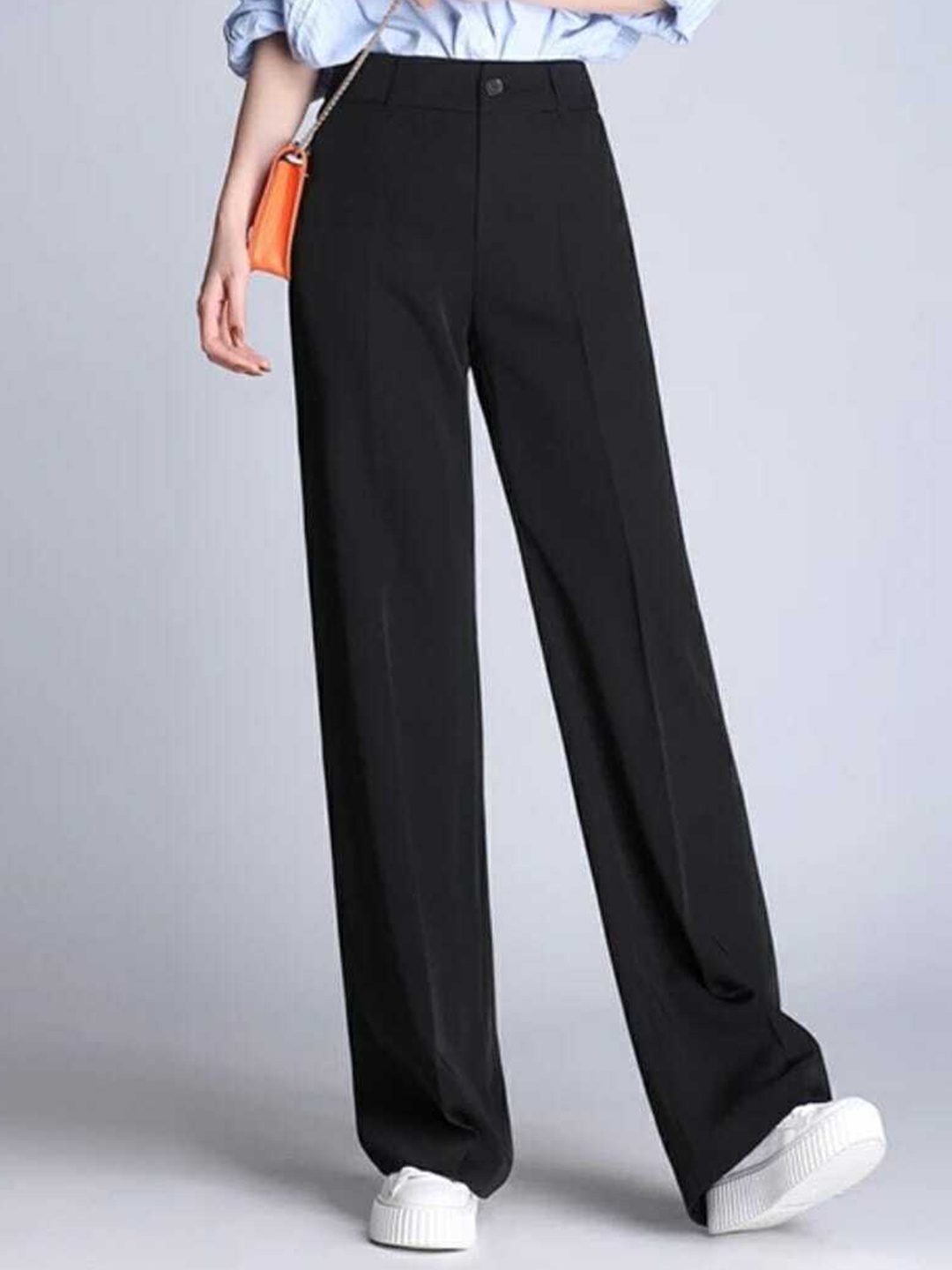 

Next One Women Black Relaxed Straight Leg Loose Fit High-Rise Easy Wash Trousers