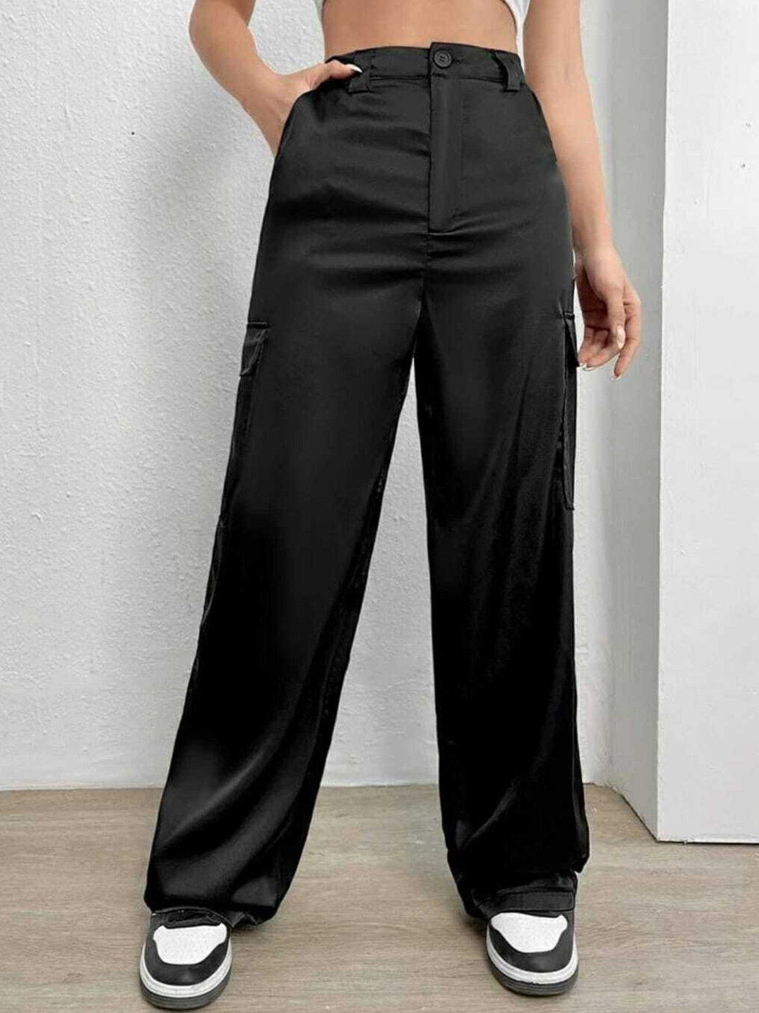 

Next One Women Black Relaxed Straight Leg Loose Fit High-Rise Easy Wash Trousers