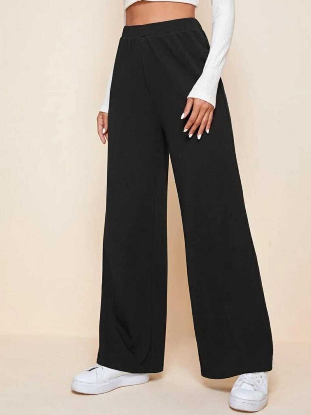 

Next One Women Black Relaxed Straight Leg Loose Fit High-Rise Easy Wash Trousers