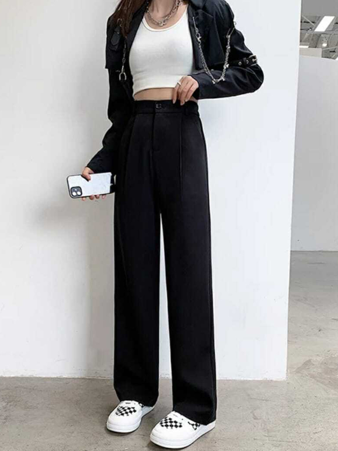 

Next One Women Relaxed Straight Leg Loose Fit High-Rise Easy Wash Trousers, Black