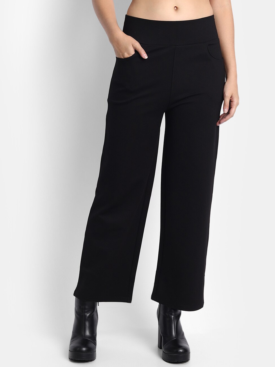 

Next One Women Relaxed Straight Leg Loose Fit High-Rise Easy Wash Trousers, Black