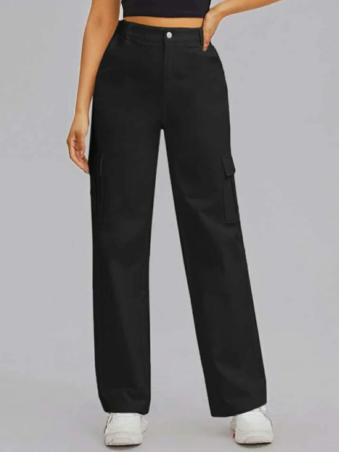 

Next One Women Solid Straight Fit High-Rise Cargos, Black