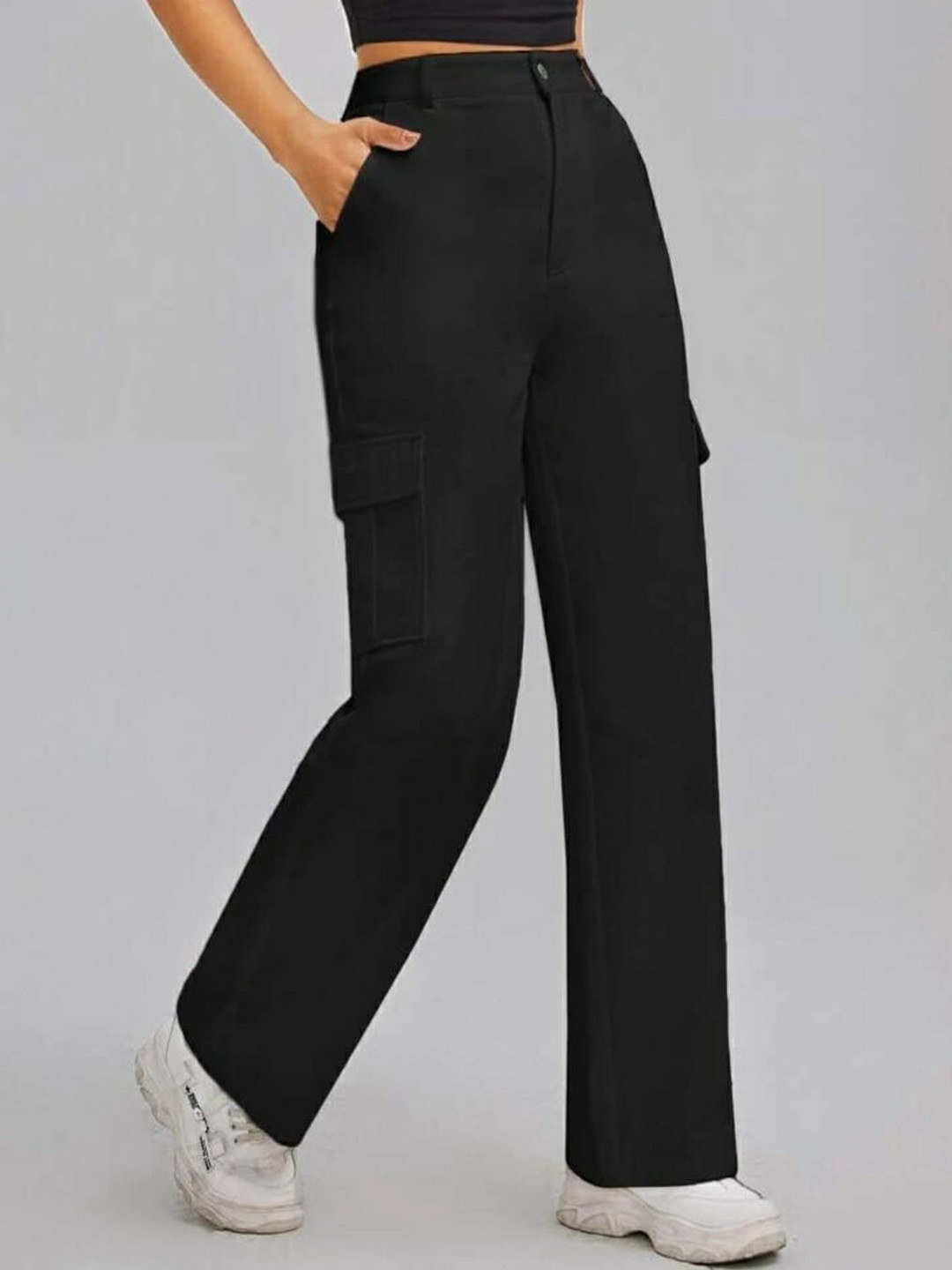

Next One Women Solid Straight Fit High-Rise Cargos, Black