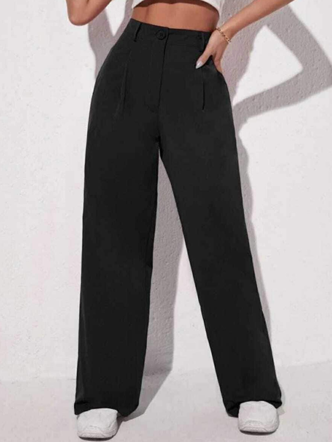 

Next One Women Solid Loose Fit High-Rise Pleated Parallel Trousers, Black