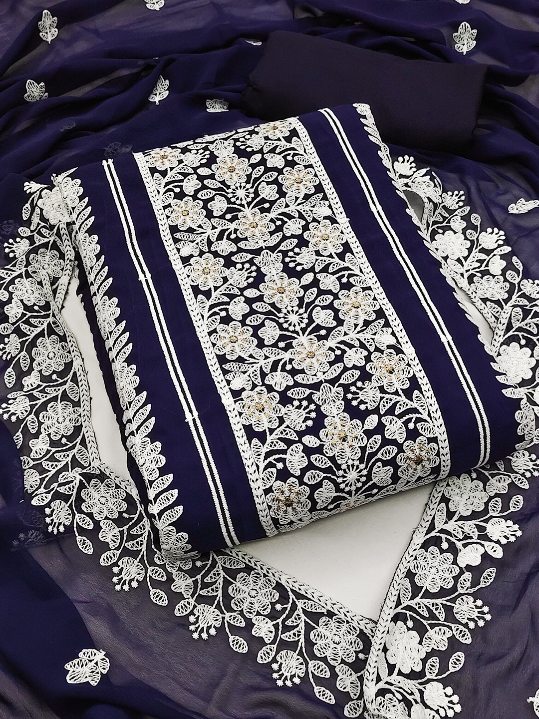 

KALINI Embroidered Unstitched Dress Material, Navy blue
