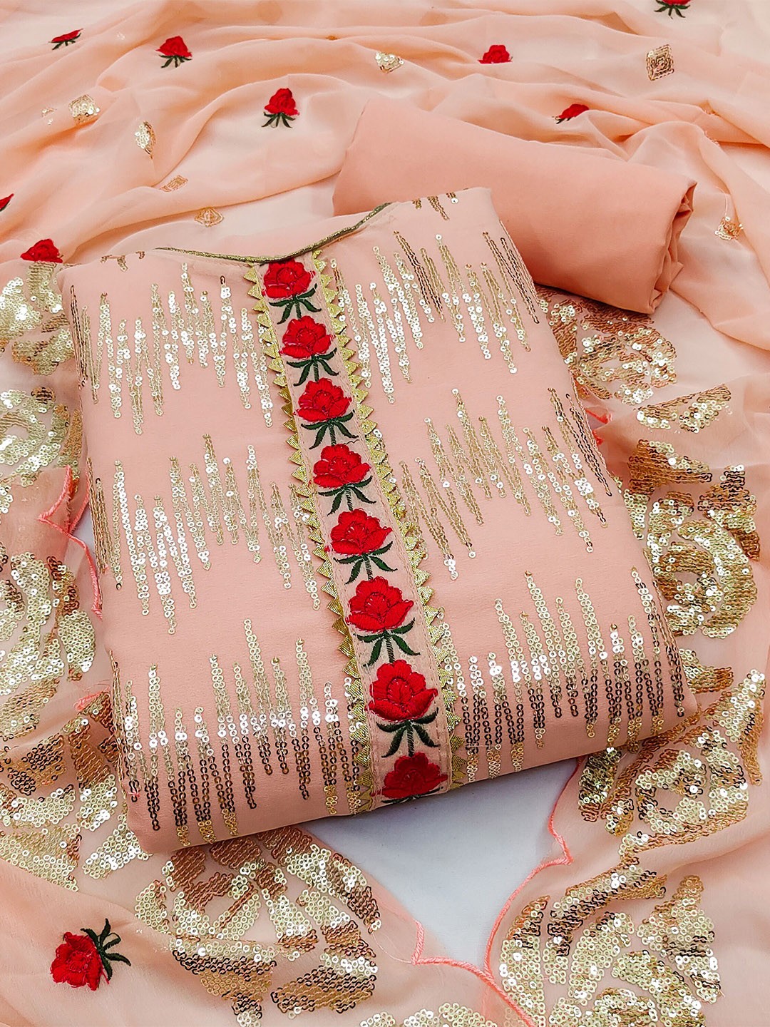 

KALINI Embroidered Unstitched Dress Material, Peach