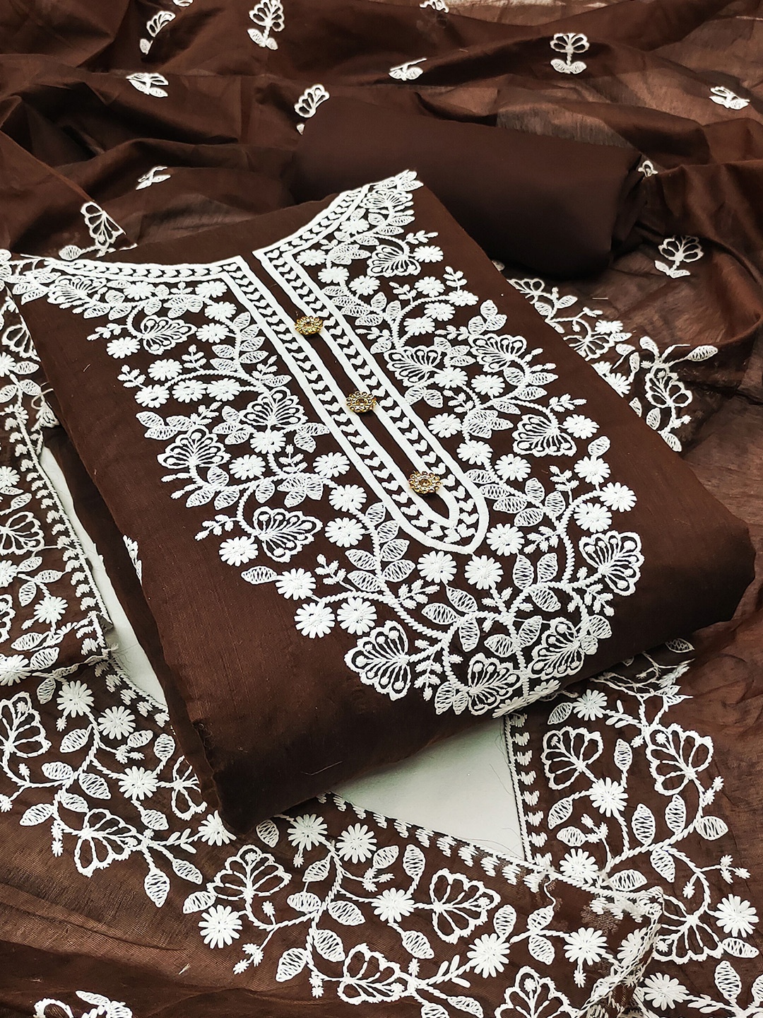 

KALINI Embroidered Unstitched Dress Material, Coffee brown