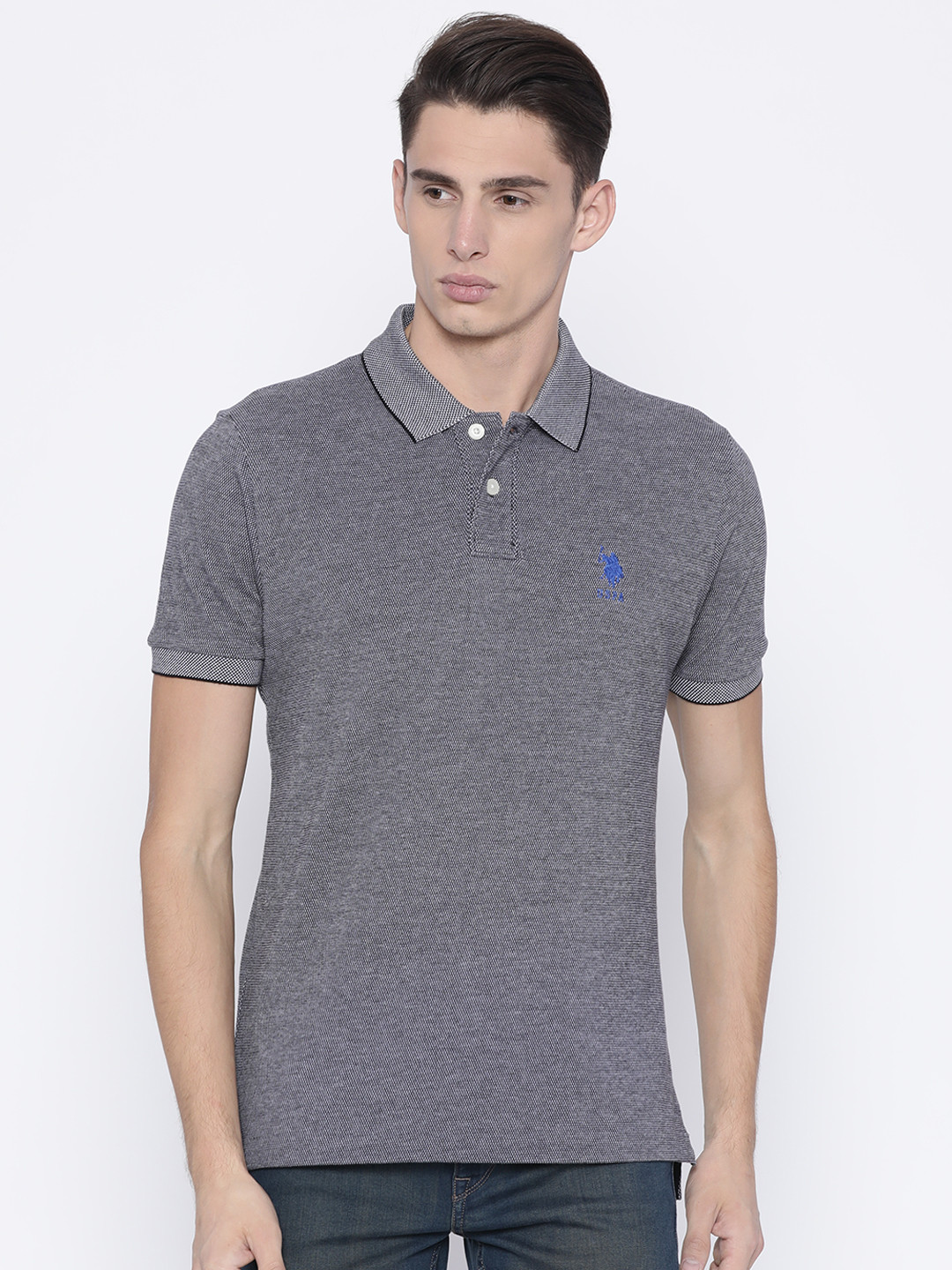 

U.S. Polo Assn. Men Grey Self0Design Polo Collar T-shirt