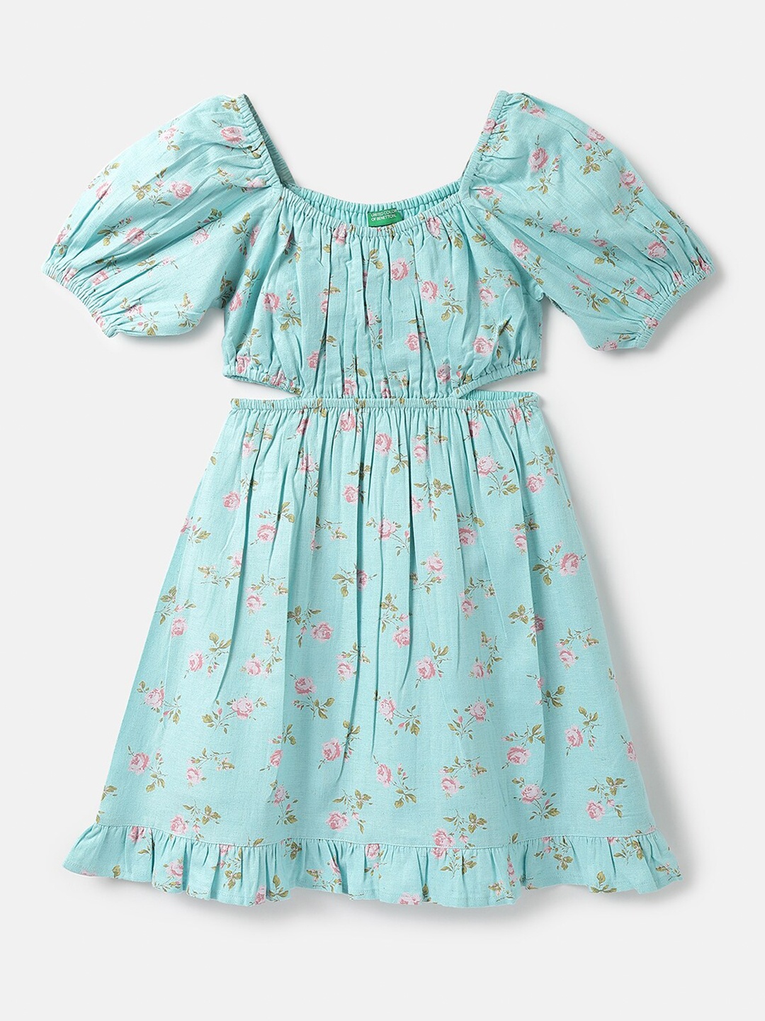 

United Colors of Benetton Girls Puffed Sleeve Floral Dress, Green