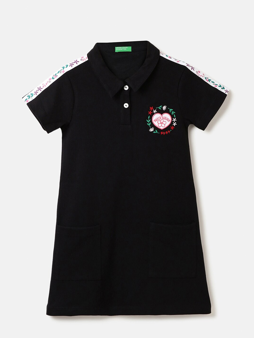 

United Colors of Benetton Girls Floral Embroidered Cotton A-Line Dress, Black