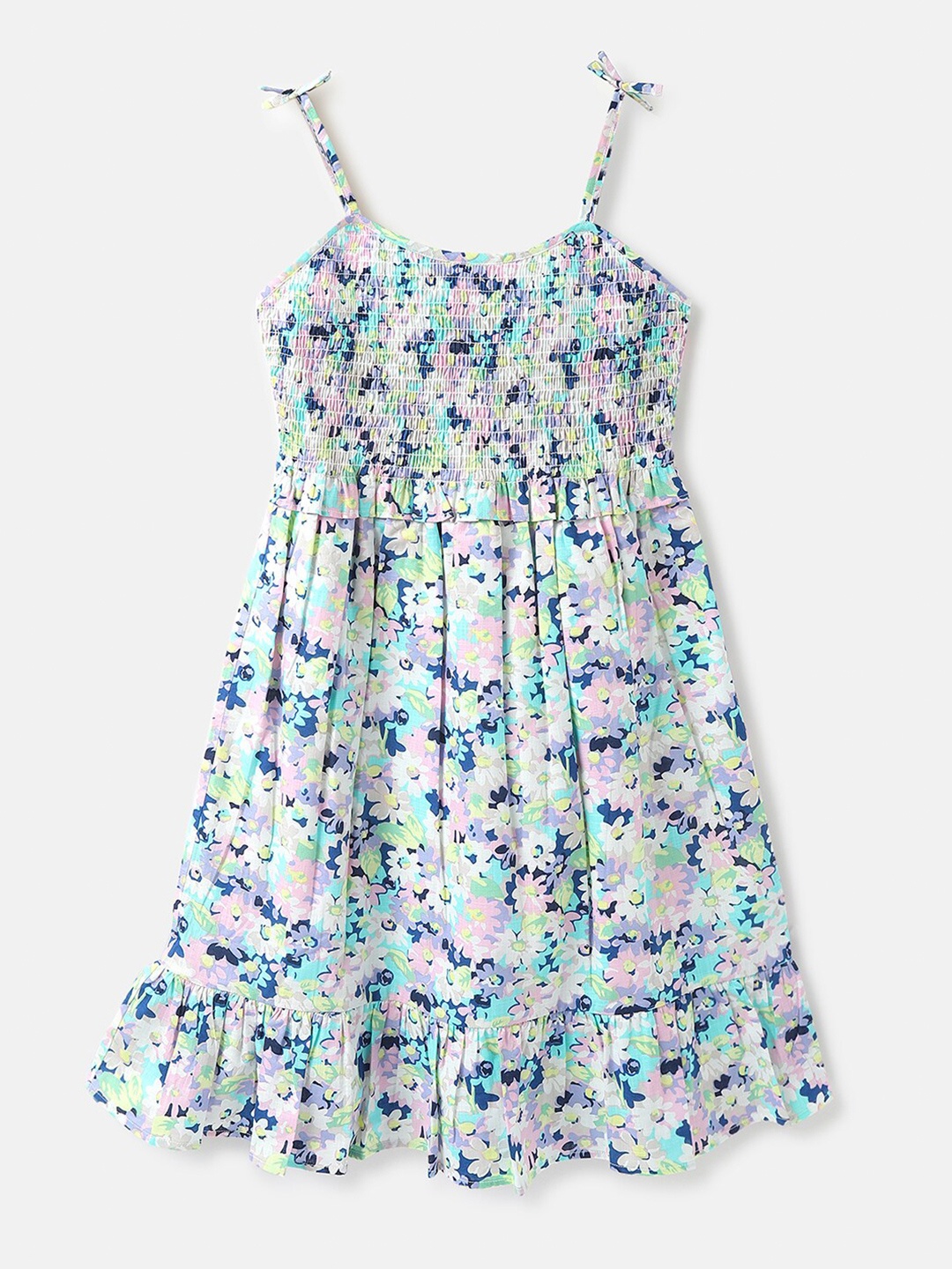 

United Colors of Benetton Girls Cotton Floral A-Line Dress, Blue