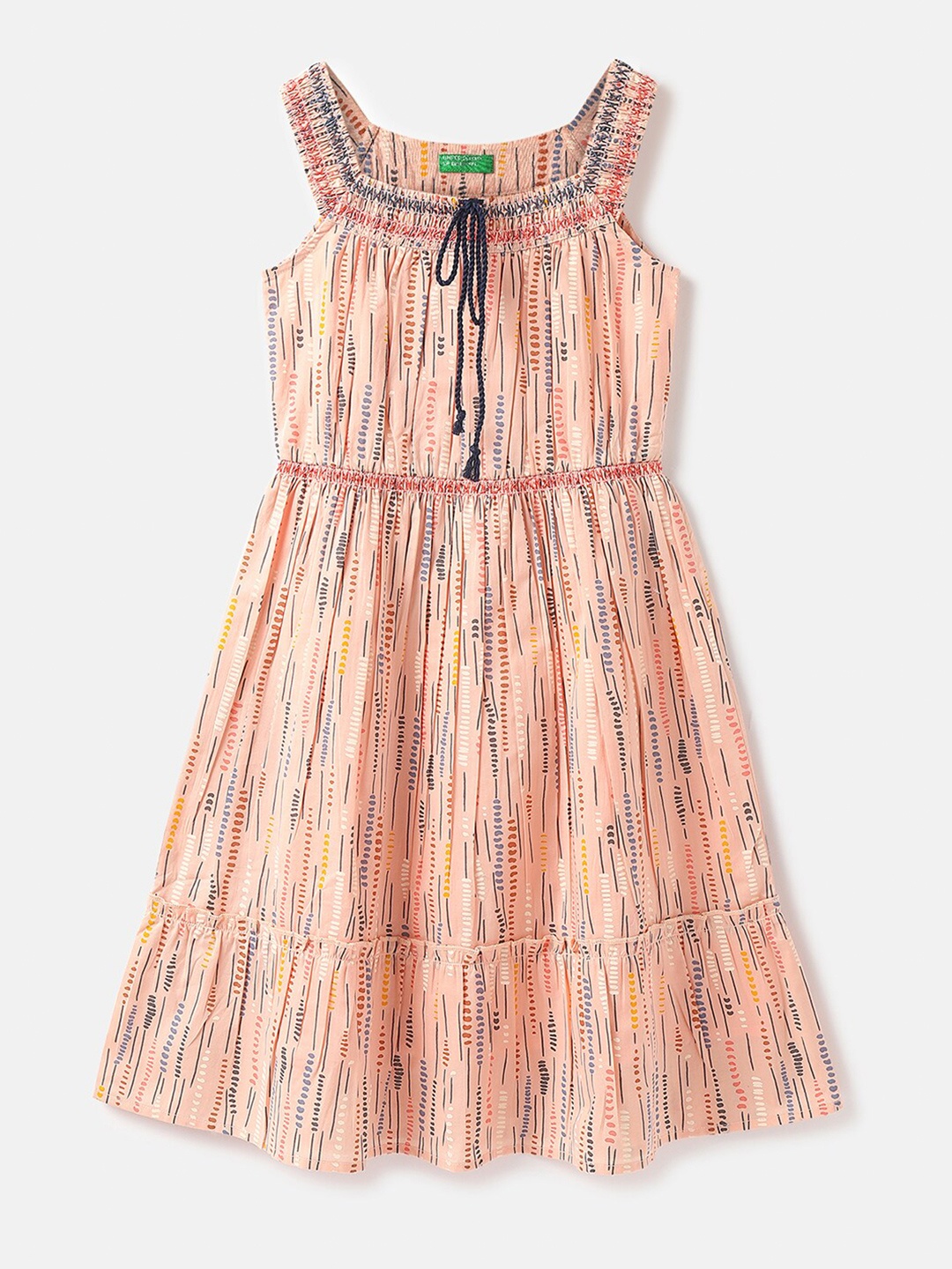 

United Colors of Benetton Girls Geometric Printed Cotton A-Line Dress, Peach