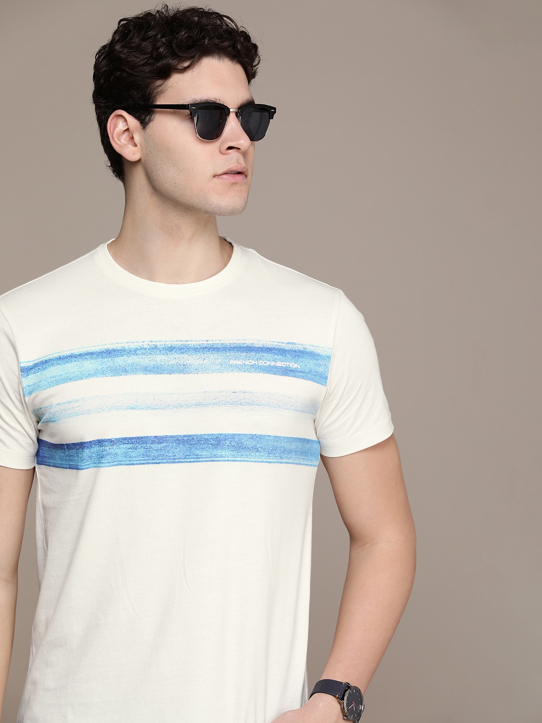

French Connection Round Neck Striped Pure Cotton T-shirt, Off white