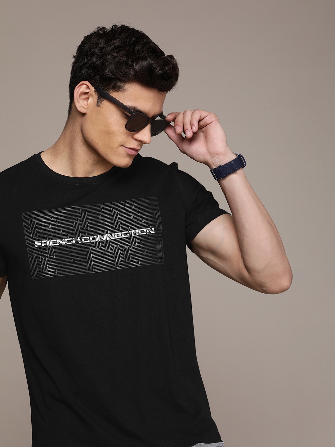 

French Connection Men Pure Cotton Brand Logo Printed T-shirt, Black