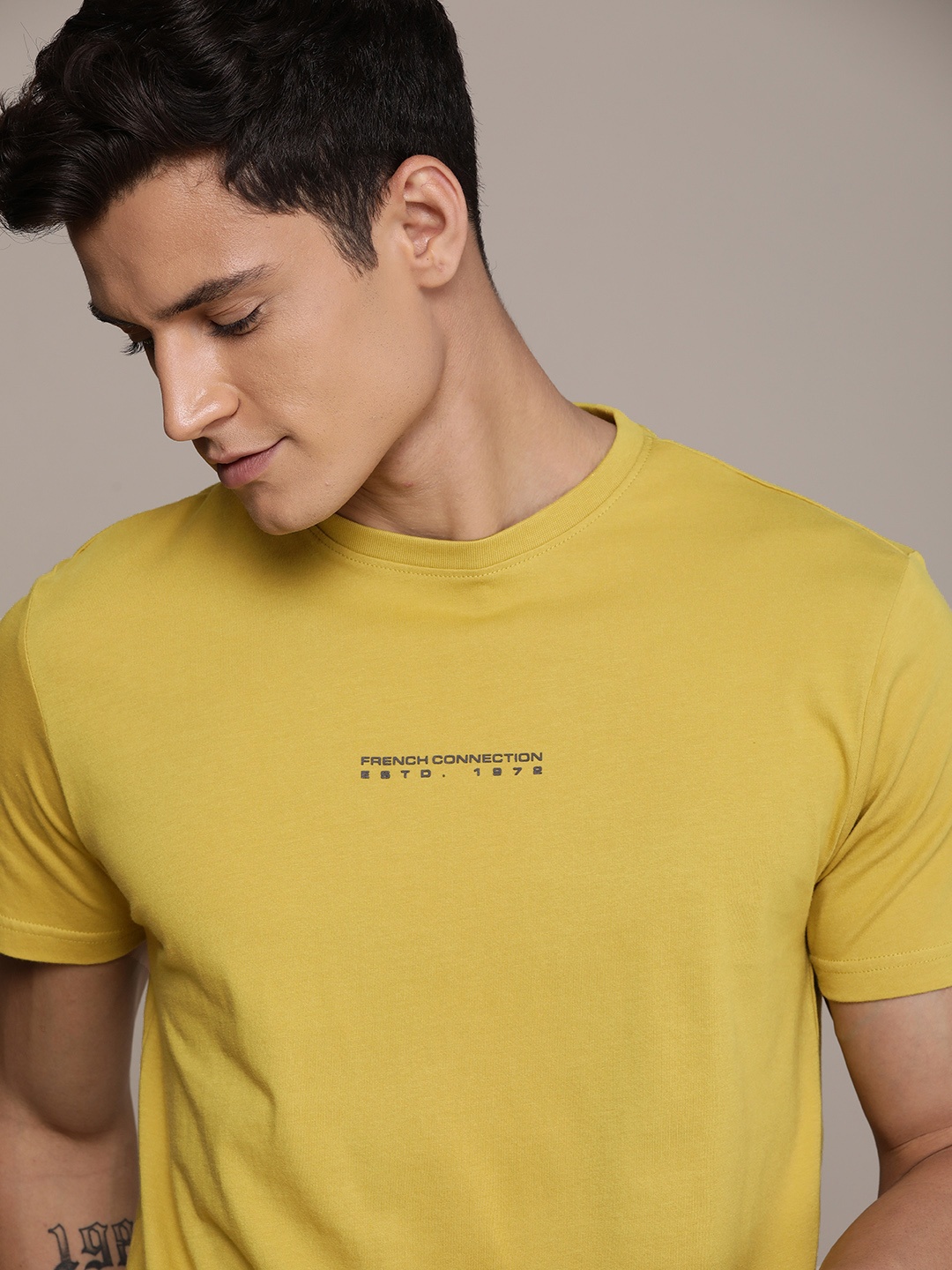 

French Connection Men Pure Cotton Applique T-shirt, Mustard