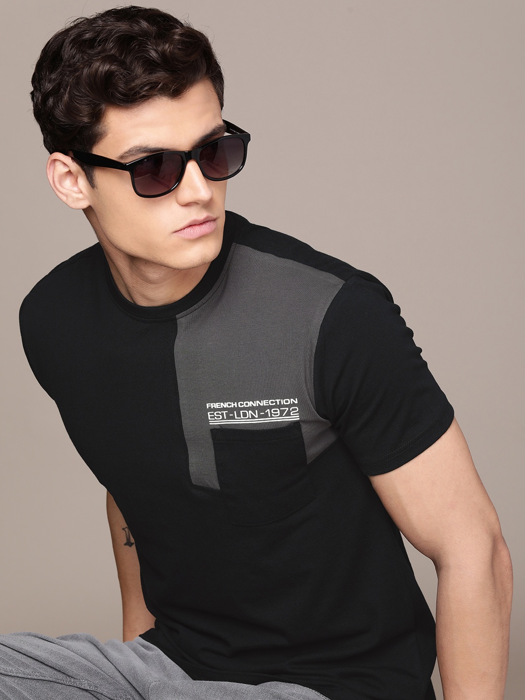 

French Connection Round Neck Colourblocked Pure Cotton T-shirt With Chest Pocket Detail, Black