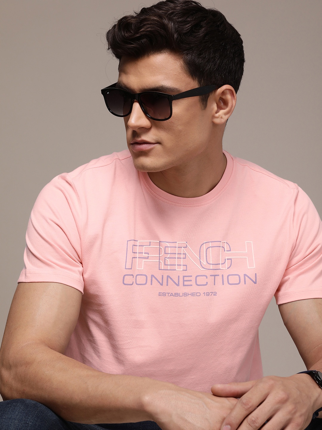 

French Connection Men Pure Cotton Round Neck Brand Logo Printed T-shirt, Pink