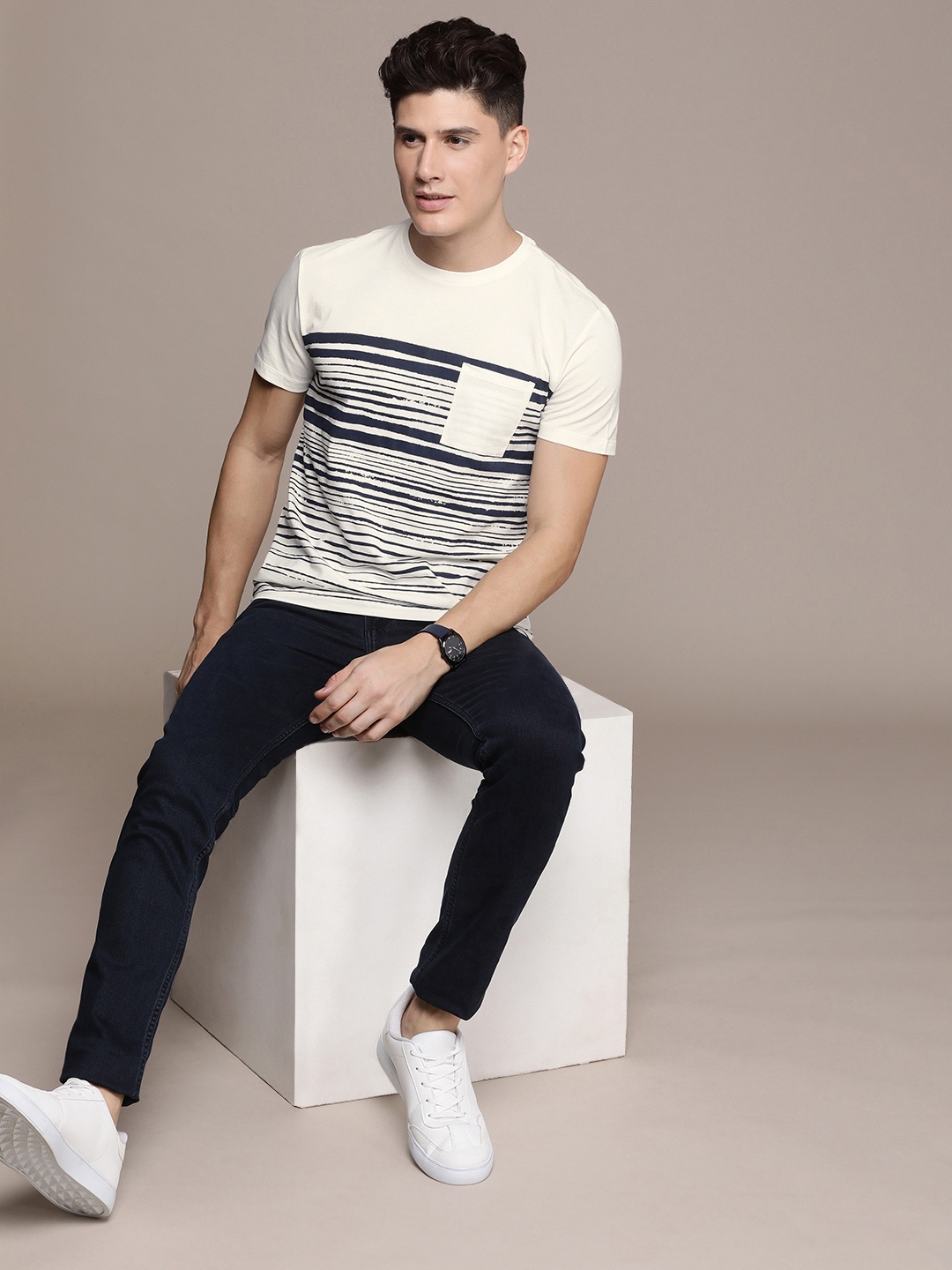 

French Connection Striped Pockets Knitted Pure Cotton T-shirt, Off white