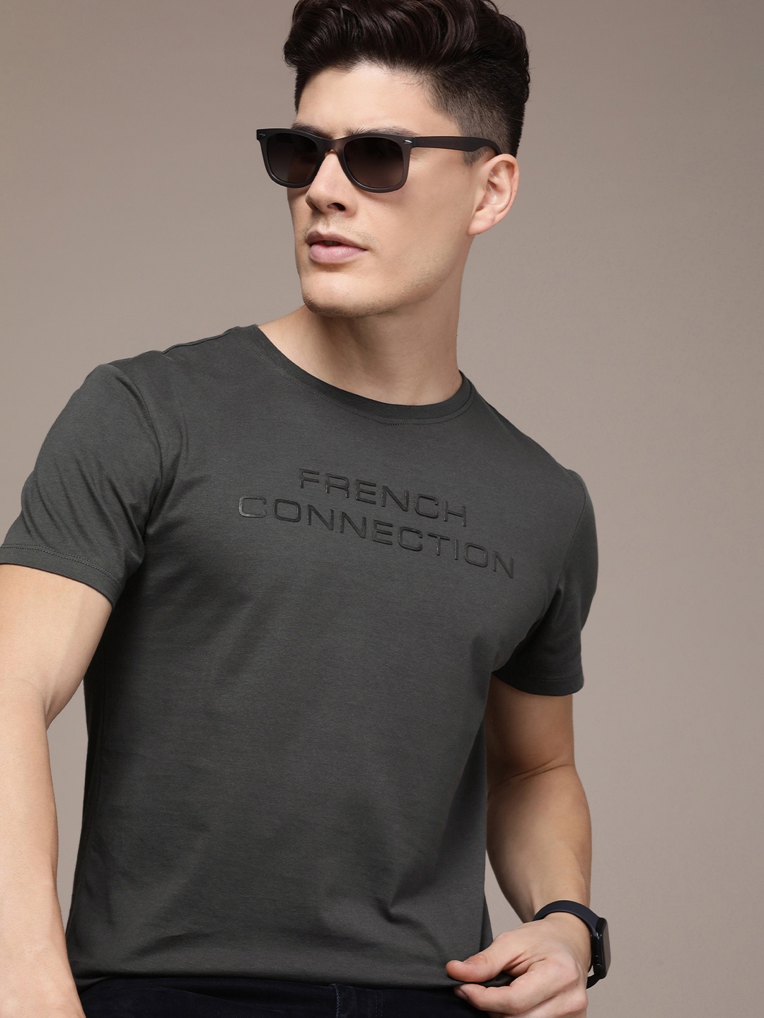 

French Connection Brand Logo Printed Pure Cotton T-shirt, Grey