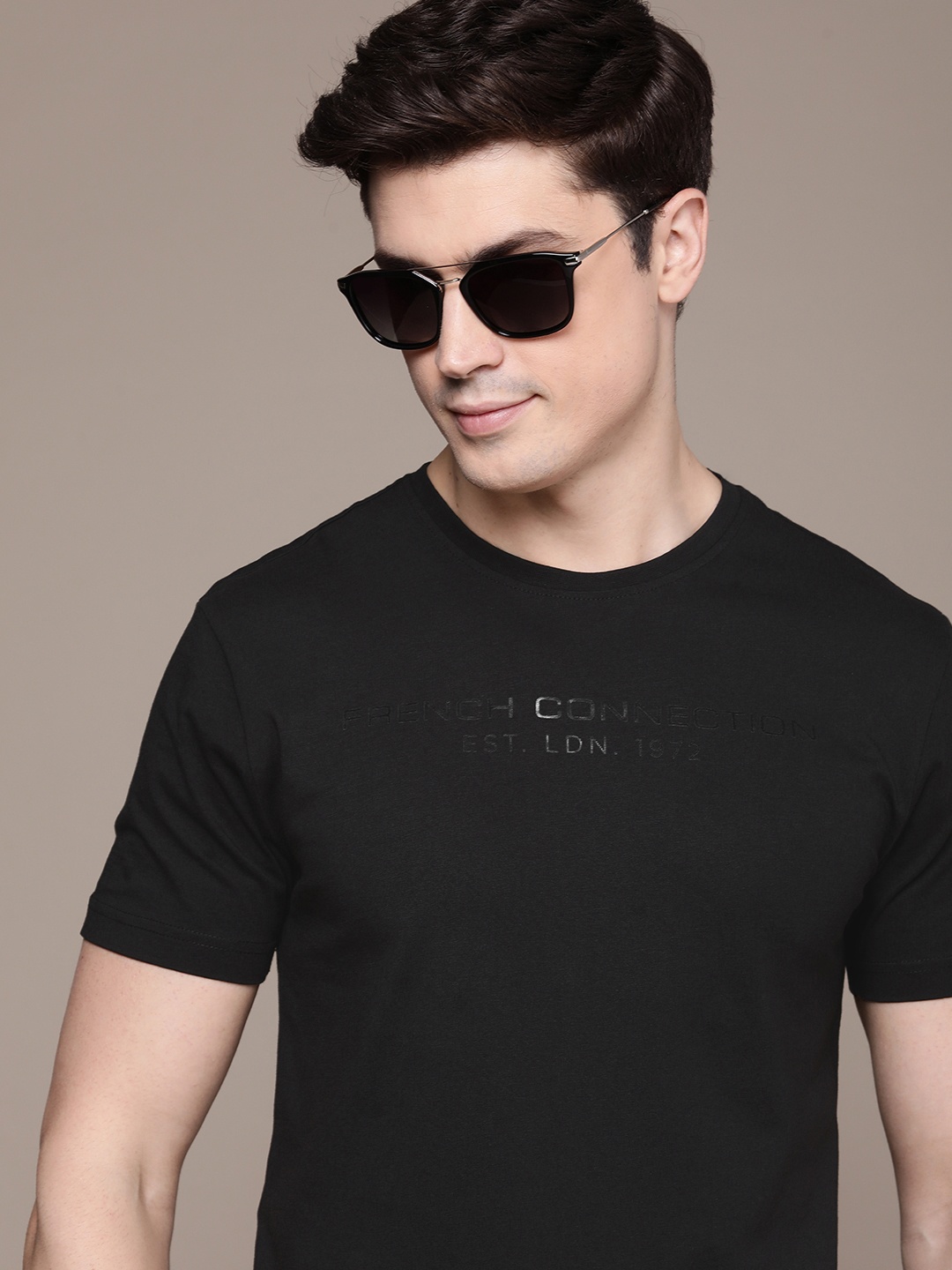 

French Connection Brand Logo Printed Pure Cotton T-shirt, Black