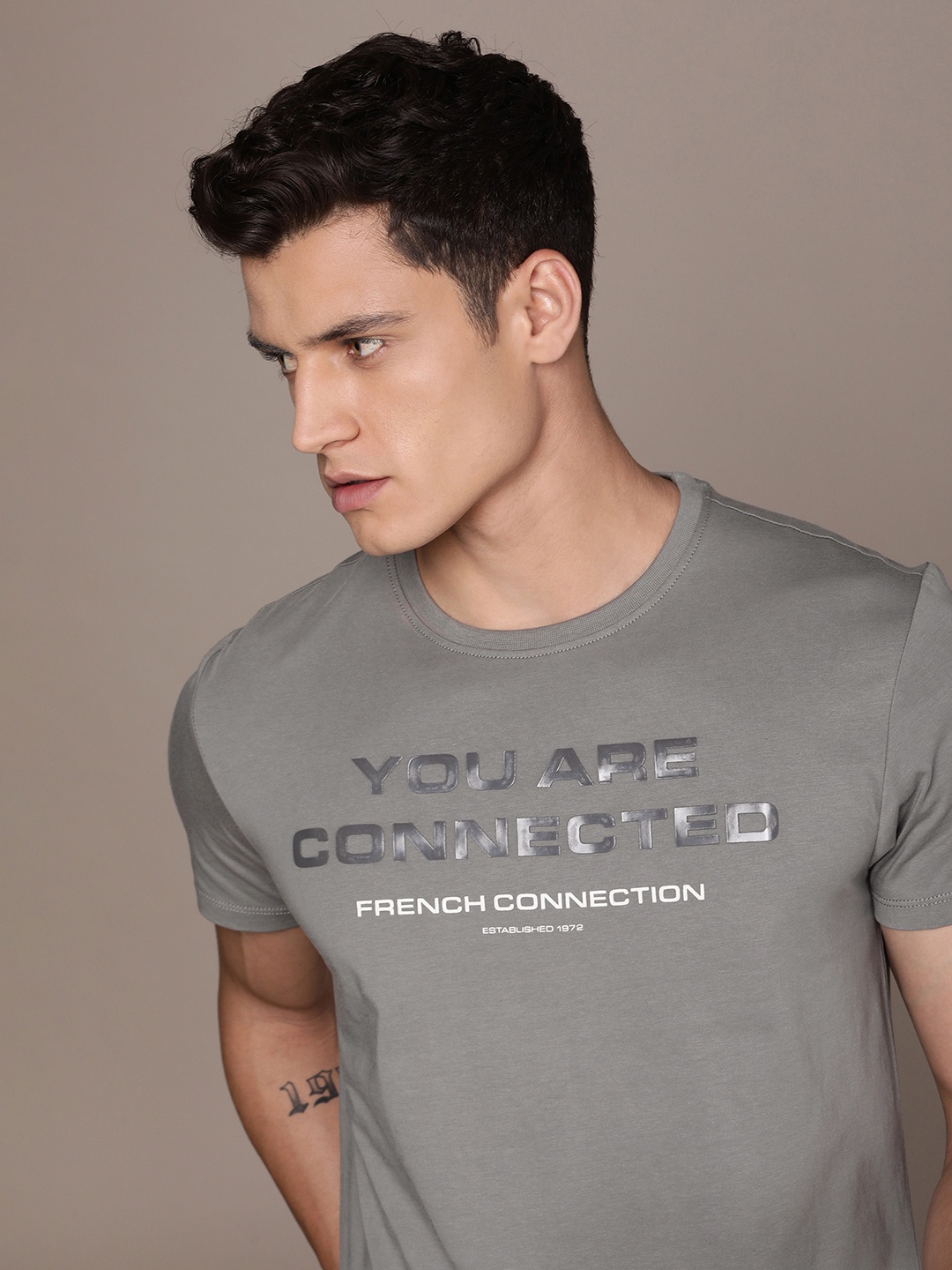 

French Connection Typography Printed Pure Cotton T-shirt, Grey