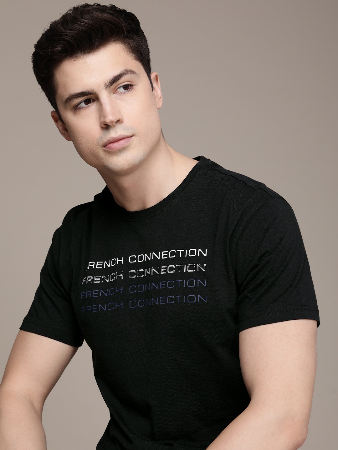 

French Connection Typography Printed Pure Cotton T-shirt, Black