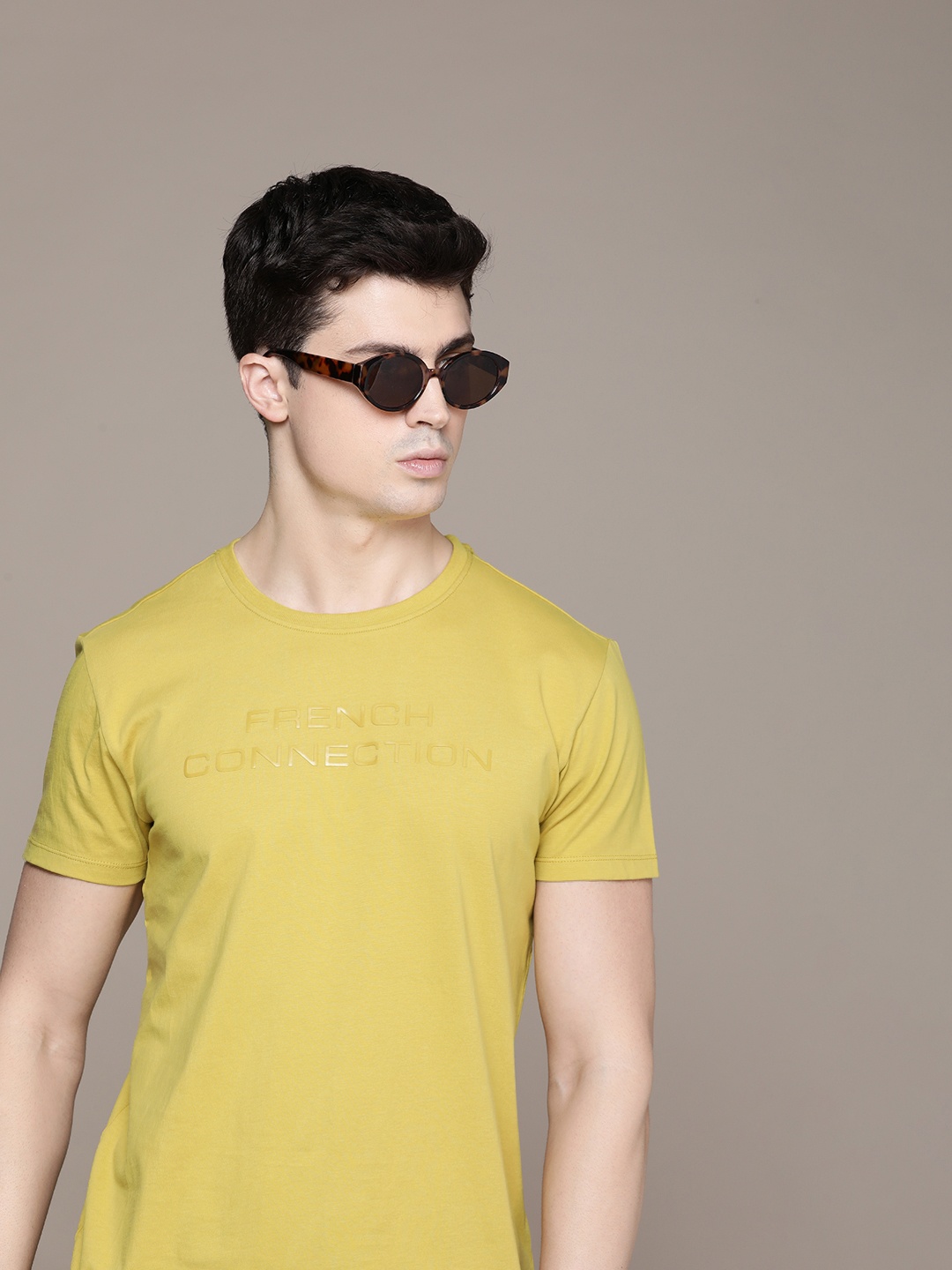 

French Connection Men Pure Cotton Brand Logo Printed T-shirt, Mustard