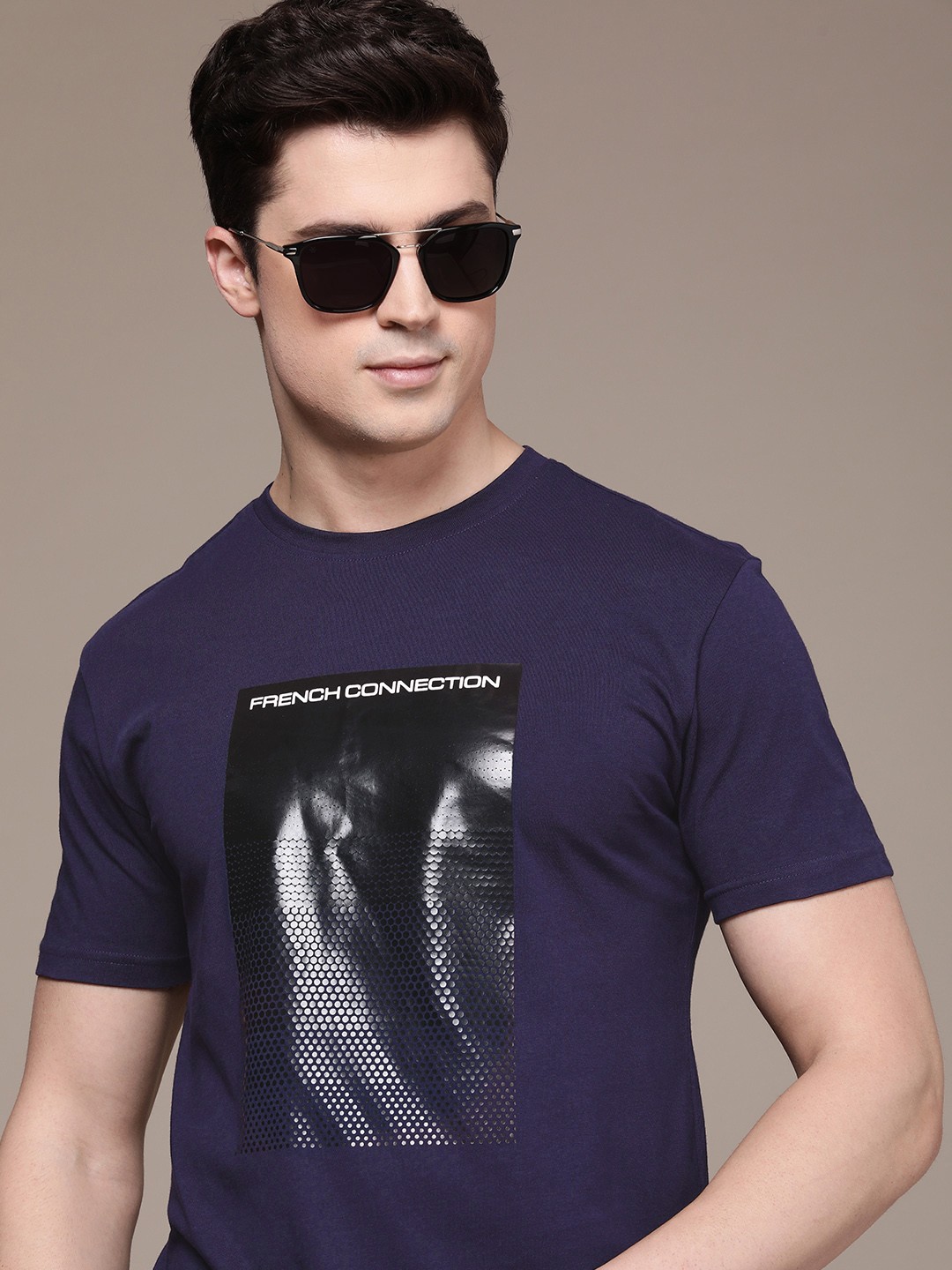 

French Connection Round Neck Graphic Printed Pure Cotton T-shirt, Purple