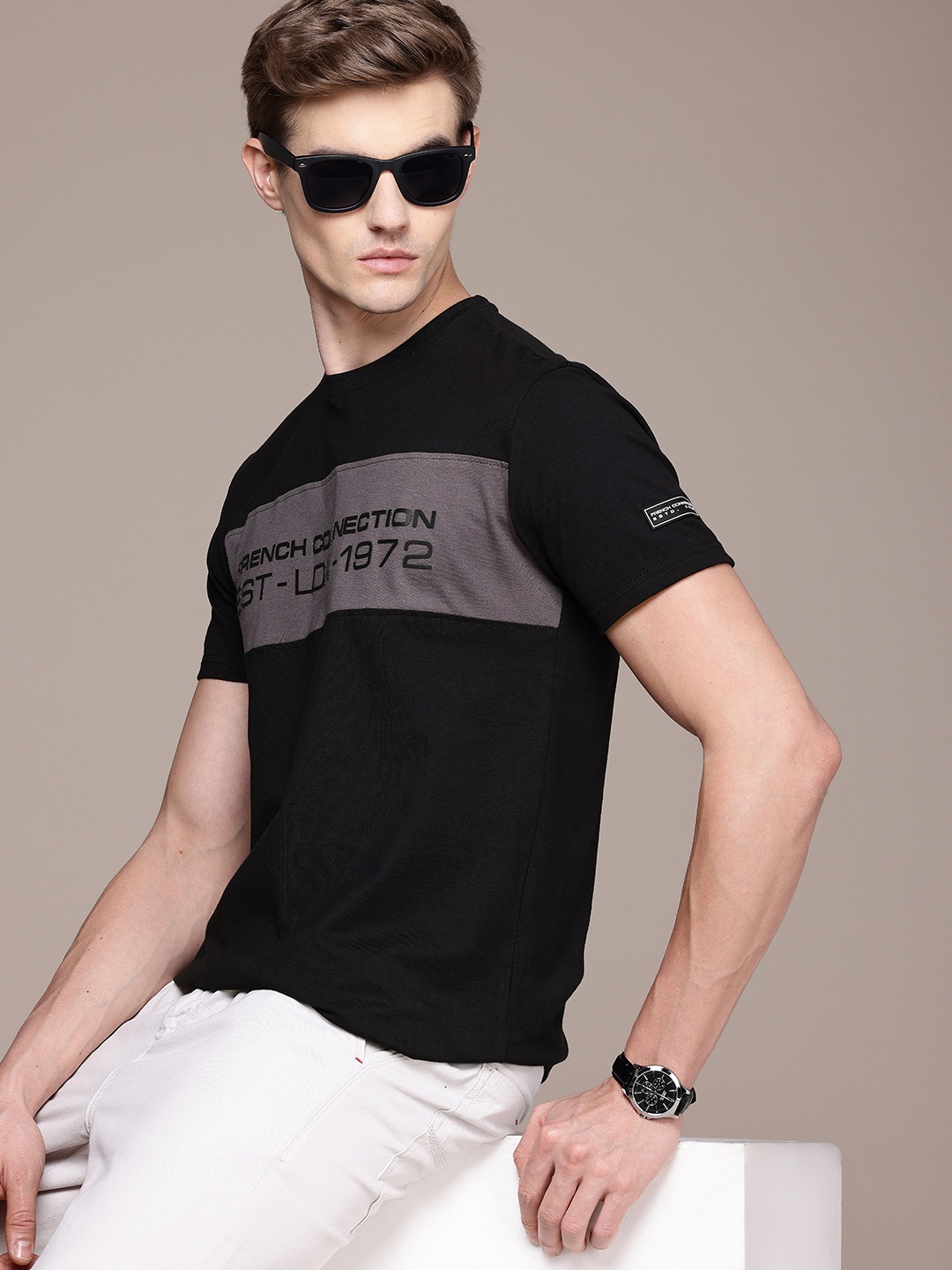 

French Connection Brand Logo Printed Pure Cotton T-shirt, Black