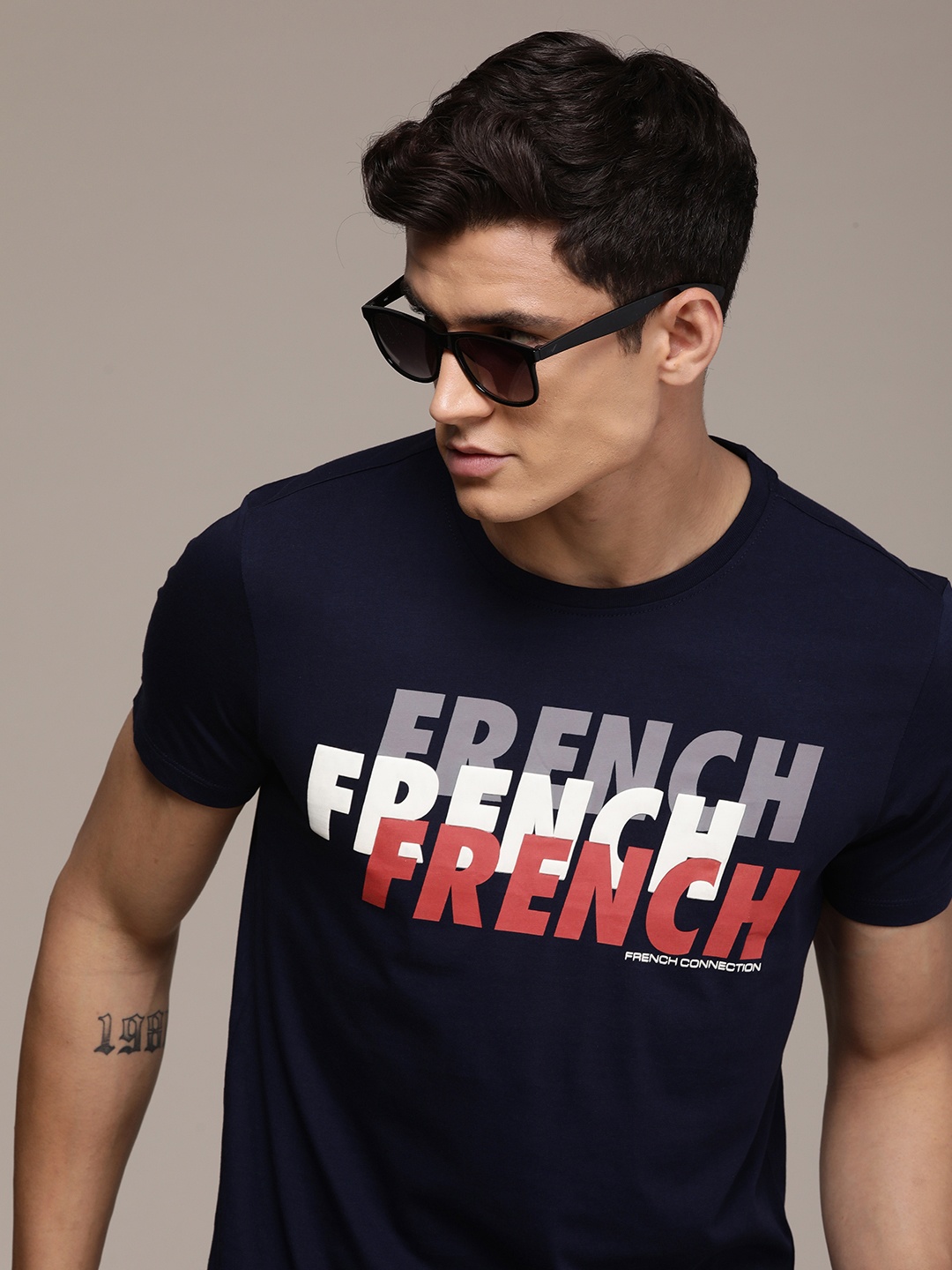 

French Connection Men Typography Printed Pure Cotton T-shirt, Navy blue