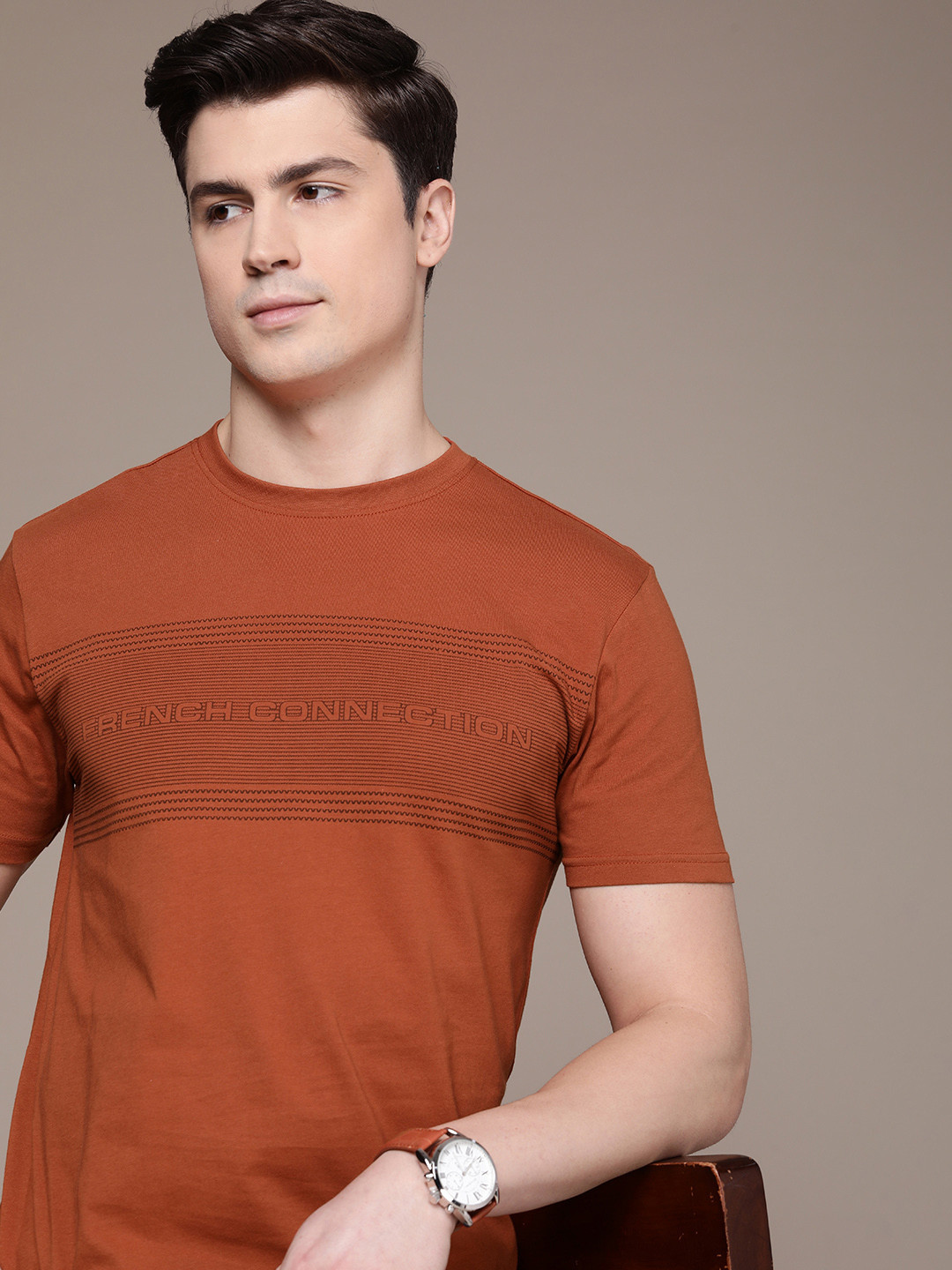 

French Connection Round Neck Typography & Striped Pure Cotton T-shirt, Rust