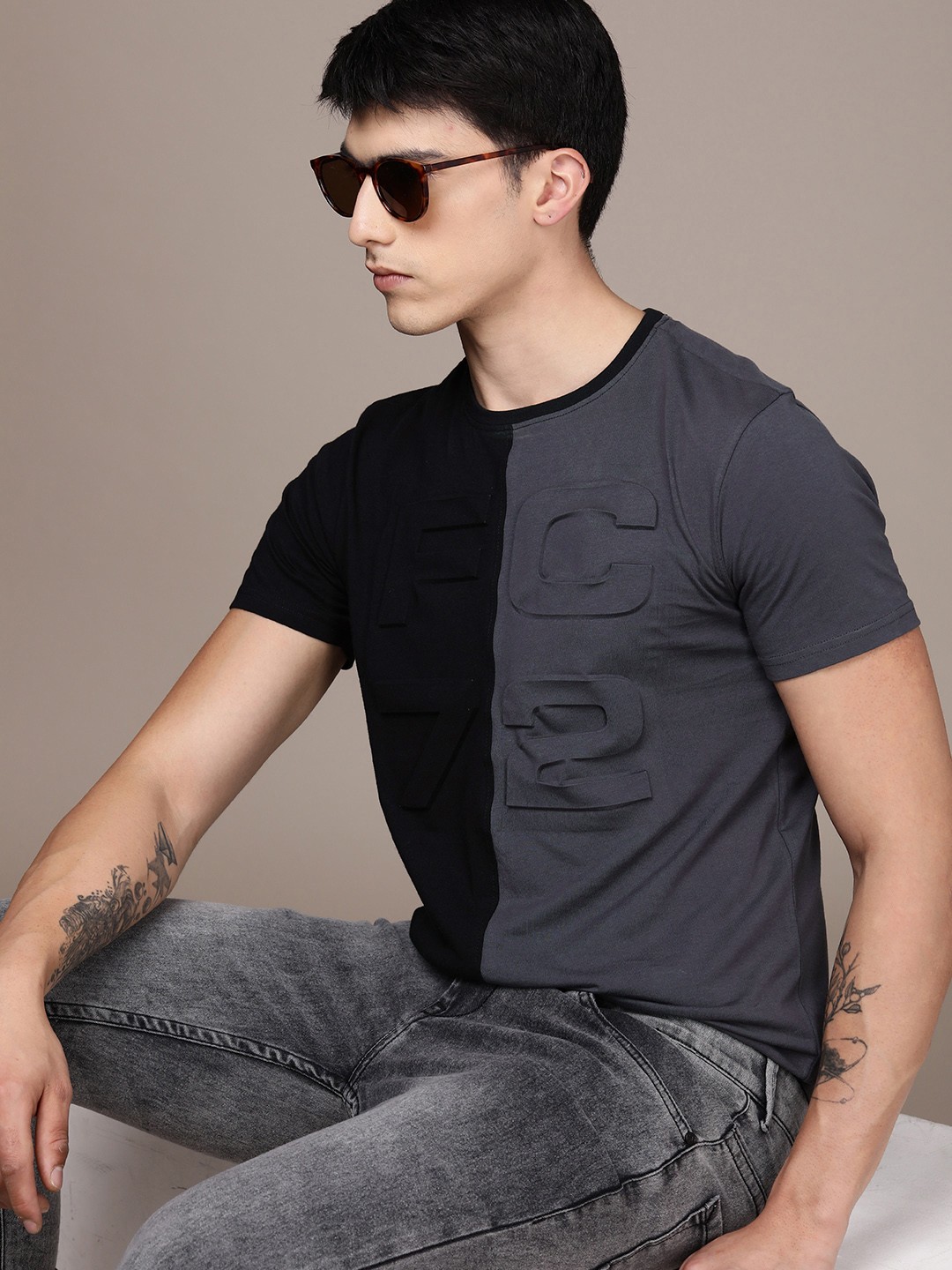 

French Connection Pure Cotton Embossed Colourblocked Casual T-shirt, Black