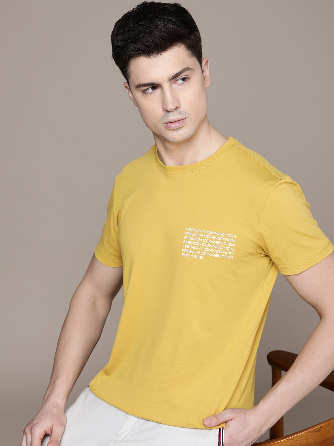

French Connection Minimal Typography Printed Pure Cotton T-shirt, Yellow