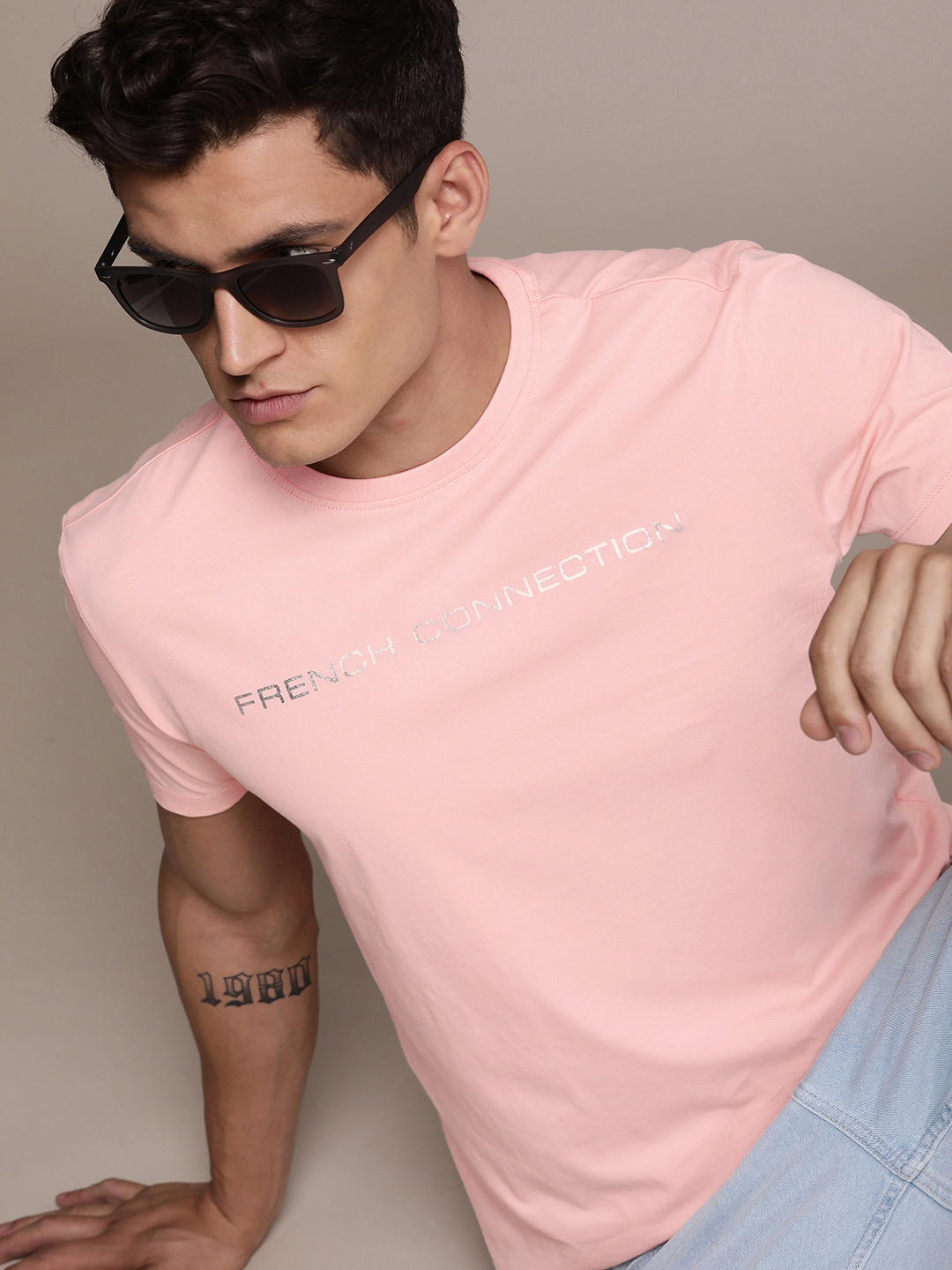 

French Connection Round Neck Typography Printed Pure Cotton T-shirt, Pink